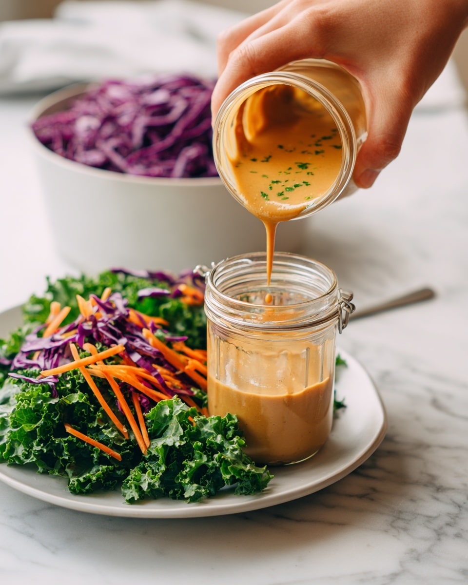 A woman's hand is holding a clear glass jar with a metal clasp, pouring a thick, creamy, light brown sauce with small green flecks that drip slowly. Below, there is a white plate filled with a fresh salad showing green leafy kale, orange carrot strips, and purple cabbage shreds. In the background, a white bowl is filled with more shredded purple cabbage, resting on a white marbled surface. The scene is bright and focused on the sauce being poured. photo taken with an iphone --ar 4:5 --v 7