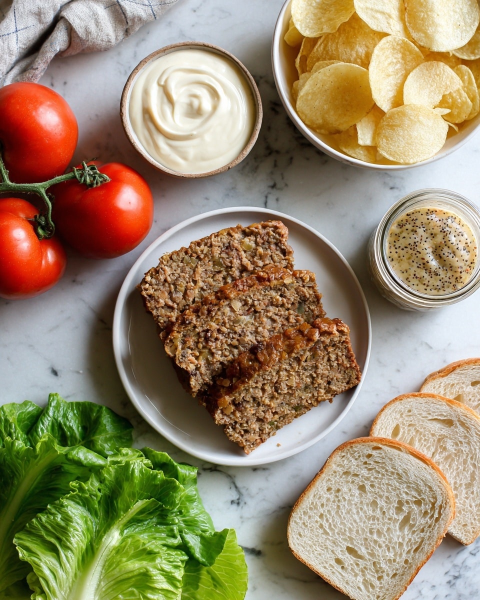 The image shows a simple meal setup on a white marbled surface with several white dishes and fresh ingredients arranged around. In the center left, a round white plate holds two thick slices of leftover meatloaf with a browned crust and visible bits of herbs inside, showing a dense, rough texture. Above it, a smaller white bowl contains smooth, creamy white mayonnaise, while to its right, a glass jar holds grainy Dijon mustard with visible mustard seeds. A white bowl filled with light golden potato chips, thin and crisp, sits near the jar. Two whole red tomatoes with green stems rest next to two slices of white bread that show a light brown crust and a soft, airy inside. At the bottom left, fresh green lettuce leaves with a crisp texture complete the arrangement. photo taken with an iphone --ar 4:5 --v 7