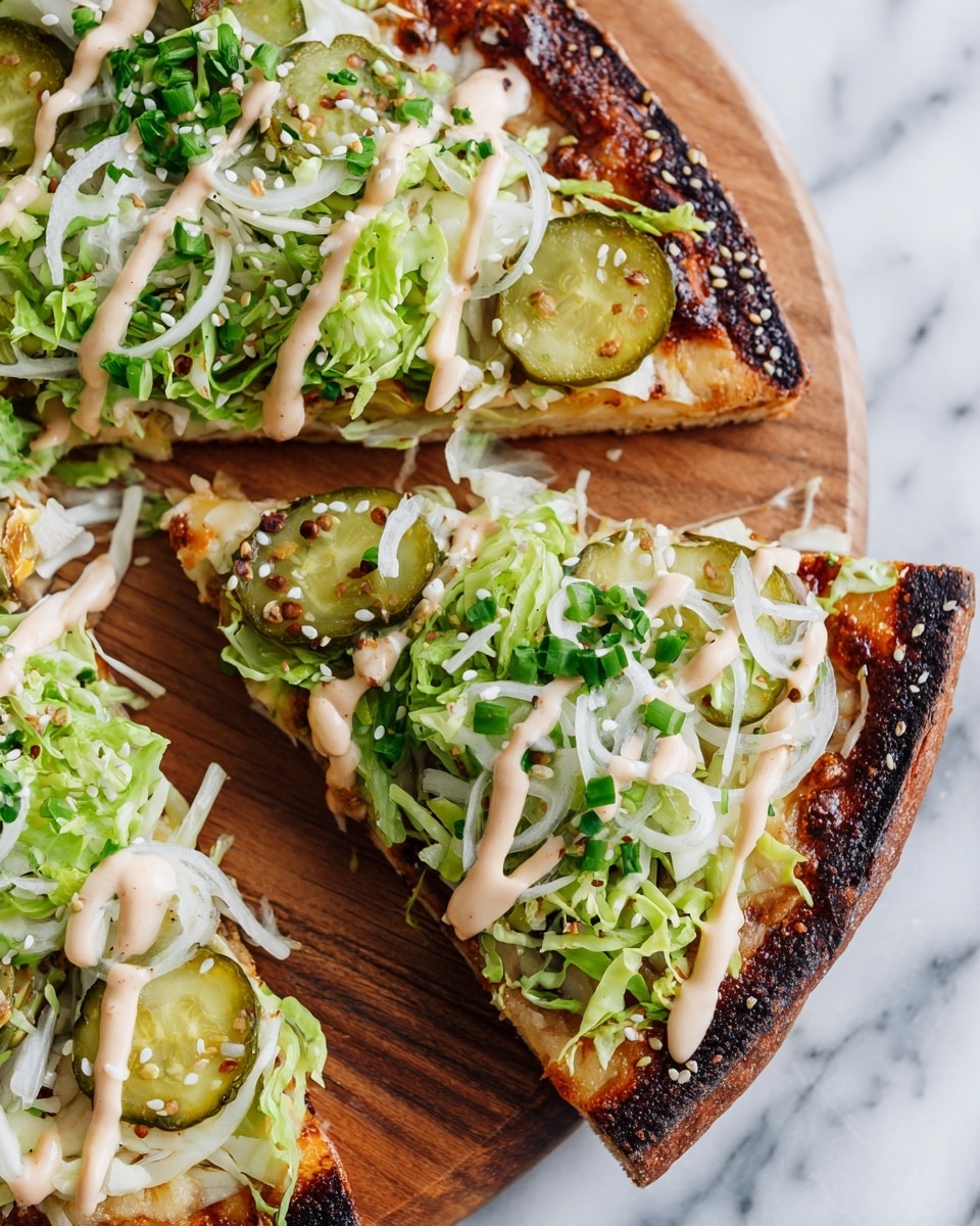 This image shows two slices of pizza on a wooden board placed on a white marbled surface. The pizza has a thick, golden-brown crust with some blackened spots, showing a crispy texture. On top, there is a layer of green shredded lettuce and slices of green pickles spread unevenly. Thin white onion strips add contrast and texture over the vegetables. A creamy, pale beige dressing is drizzled generously over all the toppings, with small white sesame seeds sprinkled on top. The layers create a fresh and rich look with green, white, and golden brown colors. photo taken with an iphone --ar 4:5 --v 7