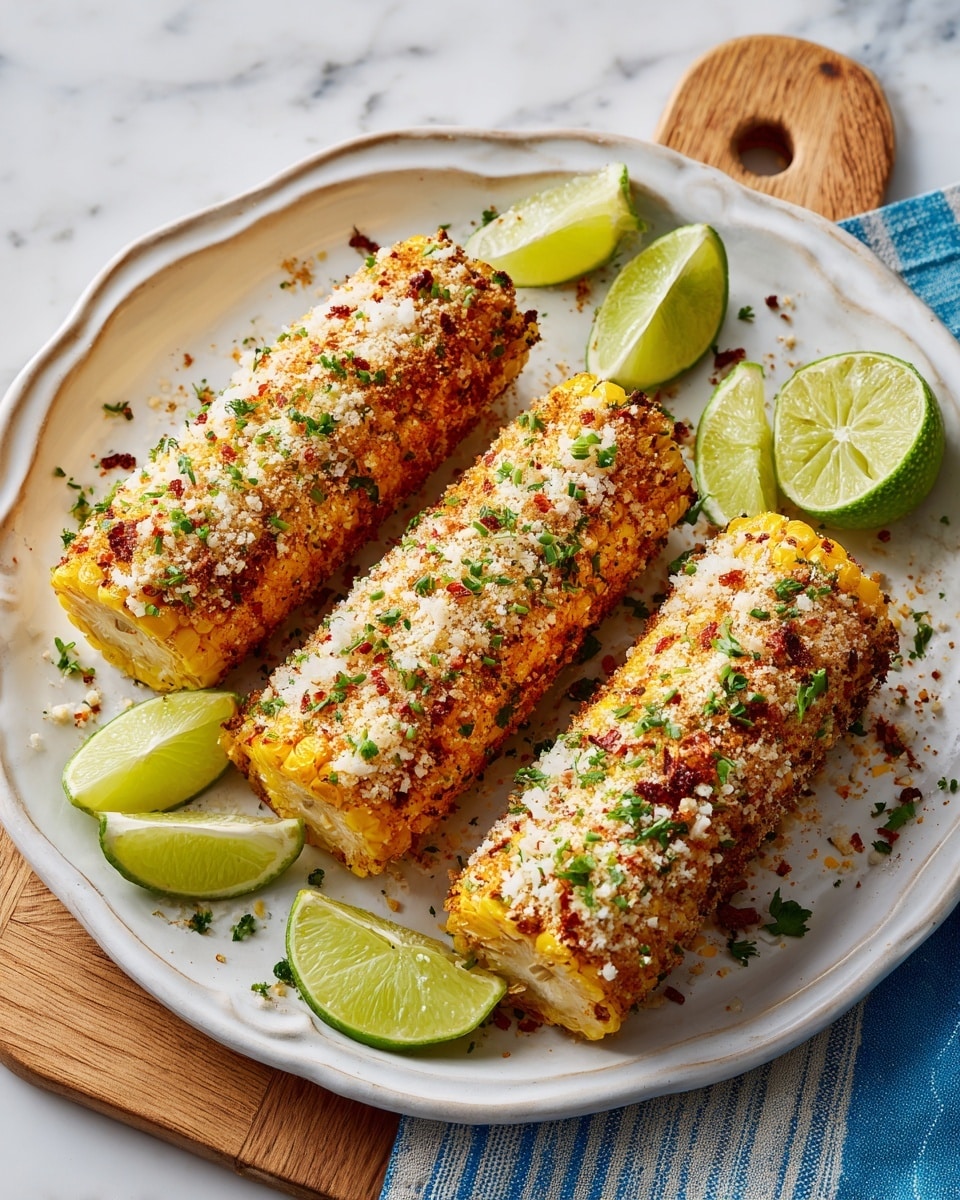 Four corn on the cob pieces are placed on a white, slightly round plate with decorative edges. Each corn is covered with a white crumbly topping and sprinkled with small red bits and chopped green herbs, giving a textured look. Around the corn are several wedges of lime, showing a fresh green outer skin and light green inside. The plate sits on a wooden board, with a white marbled surface underneath, and there is a blue and white striped cloth nearby. The scene is bright and clear, showing all details well photo taken with an iphone --ar 4:5 --v 7