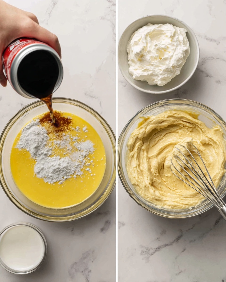 The image shows two side-by-side views of a baking process on a white marbled surface. On the left, a woman’s hand holds a soda can pouring dark brown soda over a mixture of bright yellow liquid and white powder in a clear bowl, with the yellow liquid forming the base layer and patches of white powder on top. On the right, a clear bowl contains a smooth, evenly mixed pale yellow batter with a metal whisk resting above and a smaller white bowl filled with white cream or whipped topping nearby. Photo taken with an iphone --ar 4:5 --v 7