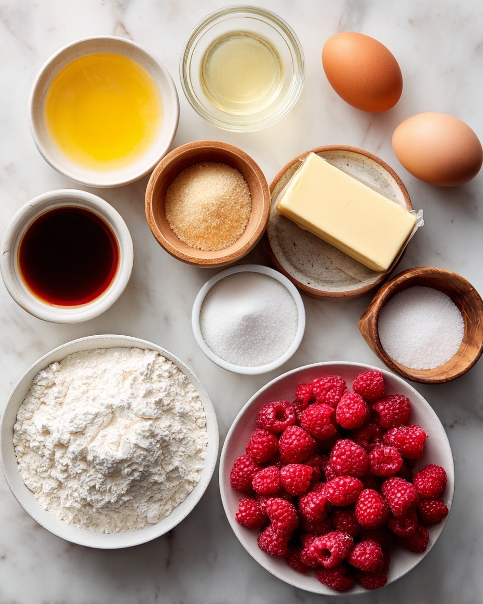 A white bowl full of fresh bright red raspberries sits at the bottom right on a white marbled surface. Above it, a stick of butter wrapped in orange paper rests horizontally. To the left of the butter, a small glass bowl holds pale yellow lemon juice. Next to the lemon juice is a round glass bowl filled with light brown sugar. Above the brown sugar, a small white bowl contains dark brown vanilla extract. On the upper right side, a small wooden bowl holds a white egg. Below it, another small wooden bowl contains white baking powder. To the left of the baking powder, a small wooden bowl has white cornstarch. At the bottom left, a white bowl is heaped with all-purpose flour, which is white and powdery with some lumps. Near the flour is a smaller white bowl filled with fine white granulated sugar. The entire setup is on a clean white marbled texture. photo taken with an iphone --ar 4:5 --v 7