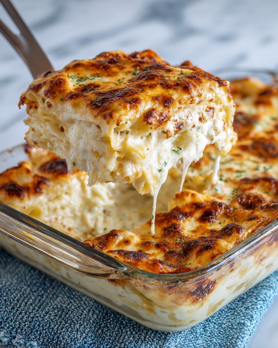 The image shows a close-up of a square piece of baked pasta being lifted from a clear glass baking dish with a metal spatula. The pasta dish has three visible layers: a creamy white cheese sauce on top that is slightly browned with golden spots, a middle layer of soft cooked pasta in a pale yellow tone, and a bottom layer that looks creamy and smooth. The edges of the pasta piece are slightly browned, and the baking dish sits on a white marbled surface with a textured blue cloth in the background. photo taken with an iphone --ar 4:5 --v 7