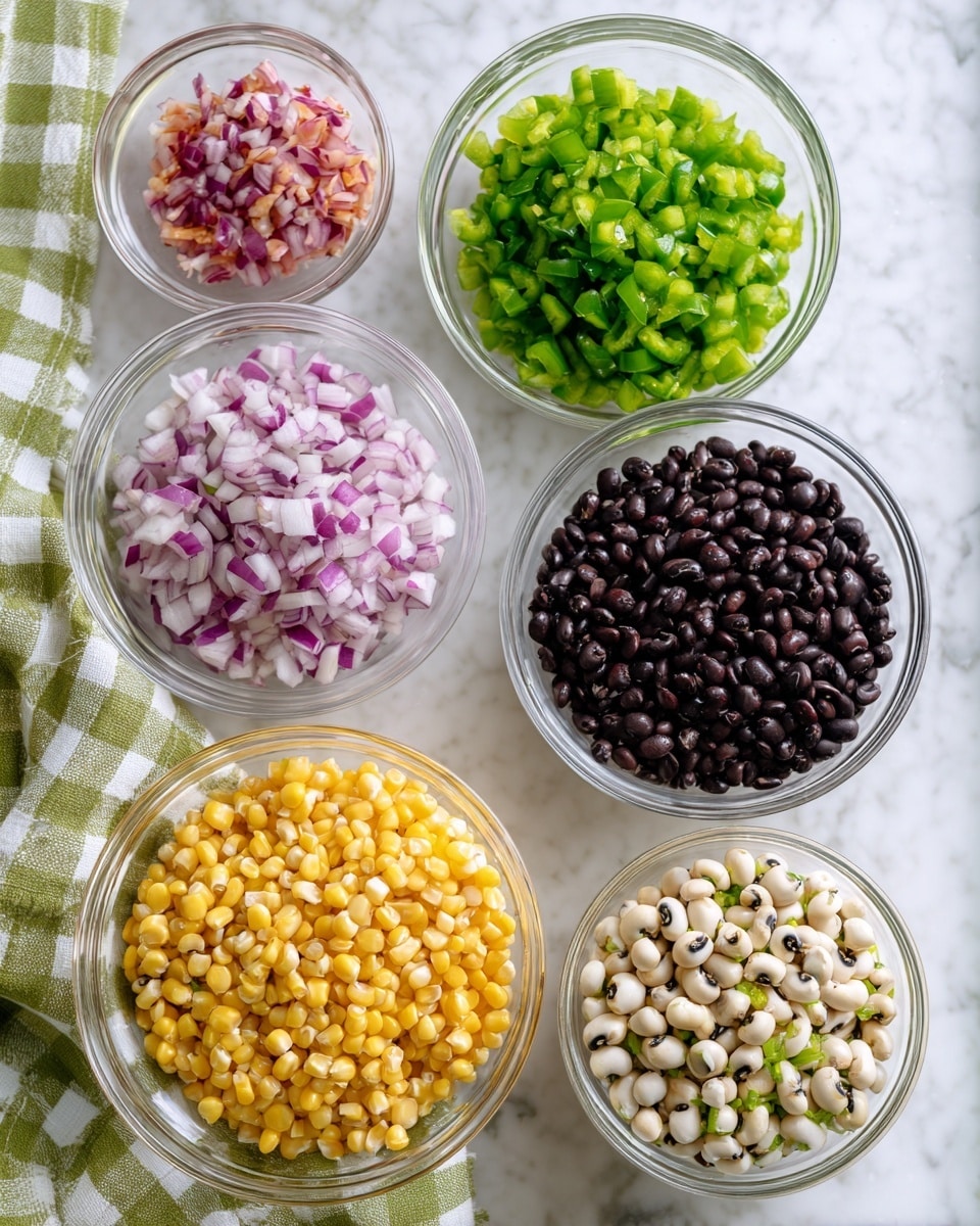 The image shows seven bowls arranged on a white marbled surface with a green and white checkered cloth partially visible. From top left, there is a small clear glass bowl with small pinkish-red pieces, next to it is a small clear glass bowl filled with bright green chopped peppers. Below and slightly right is a medium clear glass bowl filled with diced red onions, purple and white in color. To the right of this bowl is a large white bowl full of shiny black beans. At bottom left is a large white bowl with bright yellow corn kernels. Bottom center has a large white bowl filled with pale beige black-eyed peas with black spots. Lastly, to the right is a small clear glass bowl with finely chopped light green peppers. All bowls have simple, smooth textures. photo taken with an iphone --ar 4:5 --v 7