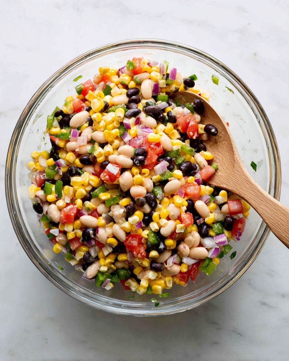 A clear glass bowl filled with a colorful salad made of several layers of small diced ingredients. The top layer has bright yellow corn kernels, black beans, and creamy white beans mixed with small pieces of red onion, green bell pepper, and red tomato. The salad looks fresh and mixed, showing a blend of green, yellow, red, black, and white colors across the whole bowl. A wooden spoon is placed inside the bowl on the right side, resting over the colorful salad. The bowl sits on a white marbled textured surface. photo taken with an iphone --ar 4:5 --v 7
