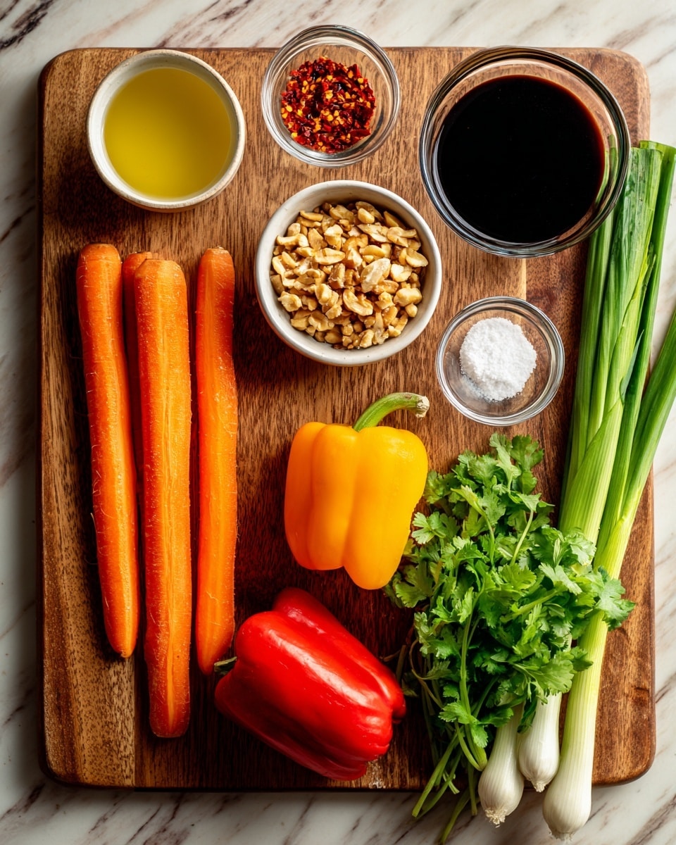 The image shows a top-down view of fresh ingredients laid out on a wooden surface. On the left, there are four bright orange carrots arranged parallel to each other. Next to the carrots, there is a small white bowl filled with chopped nuts, and near it two tiny white bowls hold a yellow liquid and clear water. Above these ingredients, there is a light yellow small bowl with red chili flakes, a clear glass cup with dark soy sauce, and a small red bowl with white sugar. On the right side, there is a yellow bell pepper and a red bell pepper placed side by side. To their right, fresh green cilantro and three green onions with white bulbs are arranged neatly. The whole setup looks fresh and colorful, placed on a white marbled surface photo taken with an iphone --ar 4:5 --v 7
