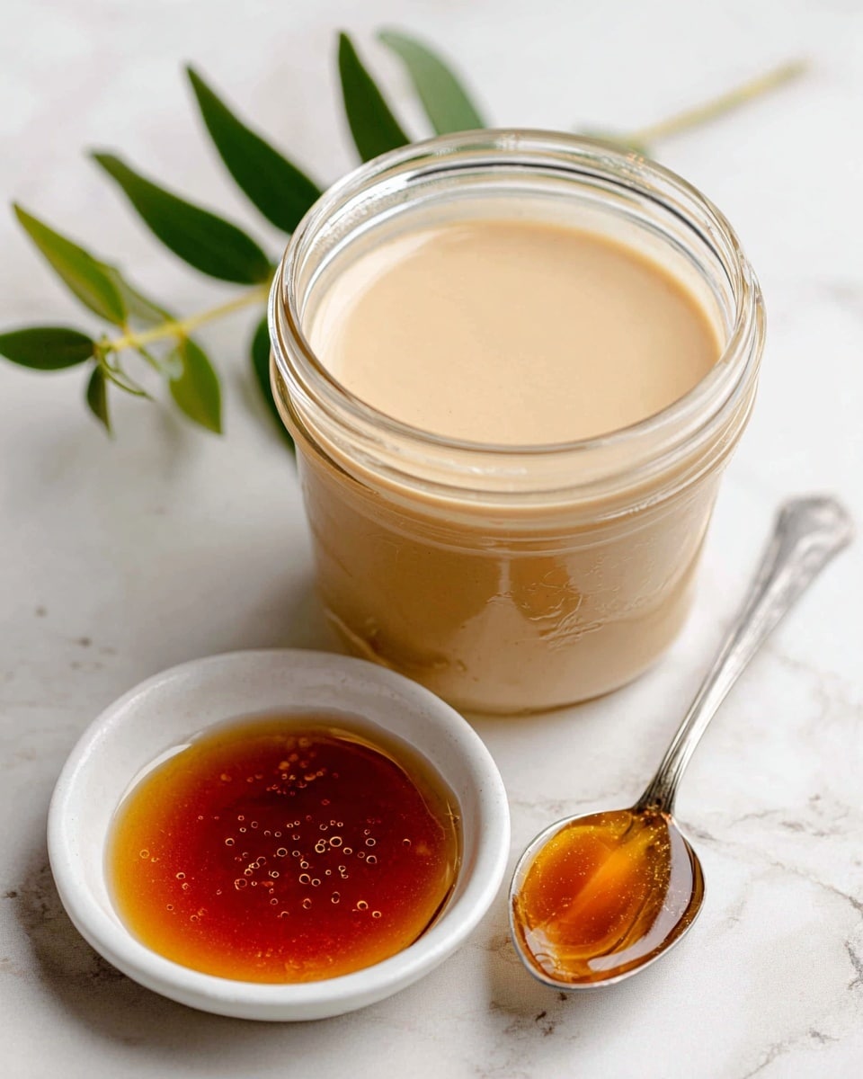A clear glass jar filled with a smooth, creamy light beige liquid, filling the jar almost to the top with a clean, even surface. Next to the jar, on a white marbled surface, there is a small white dish containing a dark amber, glossy liquid with a few bubbles visible. A silver spoon with some of the dark amber liquid on it rests nearby. Some soft-focus green leaves appear in the top right corner, adding a fresh touch to the simple, clean scene. Photo taken with an iphone --ar 4:5 --v 7