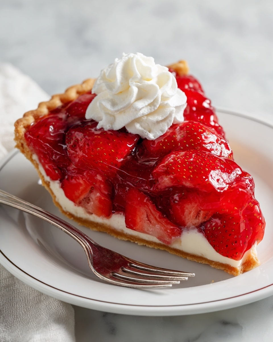 A slice of strawberry pie is shown on a white plate with a silver rim, resting on a white marbled surface. The pie has three visible layers: the base is a light golden crust, the middle layer is filled with bright red strawberries covered in a shiny, red gelatin glaze, and the top has a dollop of white whipped cream. A silver fork is placed near the pie slice on the plate. Photo taken with an iphone --ar 4:5 --v 7