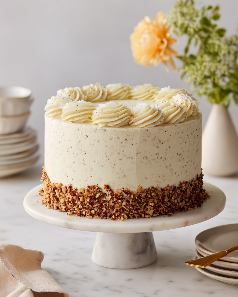 A two-layer round cake is covered in thick, creamy white frosting with soft swirls and small specks visible in the texture. The bottom edge of the cake is coated with a dense ring of chopped brown nuts, adding a rough texture contrast. The cake rests on a white marble cake stand with a short pedestal, placed on a white marbled surface. In the background, there is a small white vase with green foliage and a pale yellow flower, and nearby is a gold cake slice and a stack of white plates with thin gray rings. photo taken with an iphone --ar 4:5 --v 7