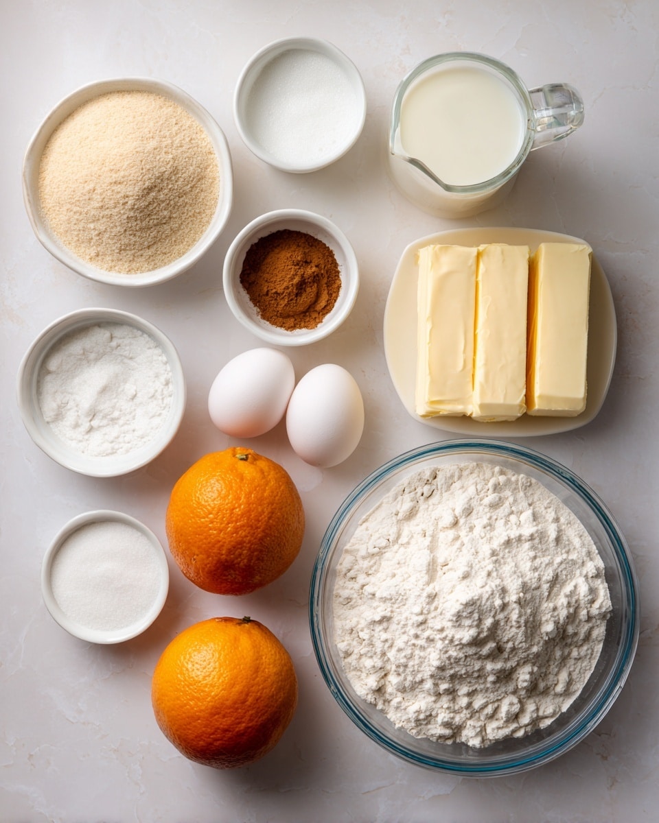 The image shows various baking ingredients placed neatly on a light surface with a white marbled texture. At the bottom center, there is a large clear glass bowl filled with white bread flour. To the right of the bowl are two white eggs and two sticks of yellow butter stacked side by side. Above the eggs and butter, there is a clear glass measuring cup filled with white milk. At the top center, there is a small white bowl containing beige yeast. To the left of the yeast are two small white bowls; one with white salt and the other with brown cinnamon powder. In the center of the layout is a whole bright orange placed on the white marbled texture. At the left bottom side, there is a white bowl filled with white sugar. All items have clear labels in bold black text. Photo taken with an iphone --ar 4:5 --v 7