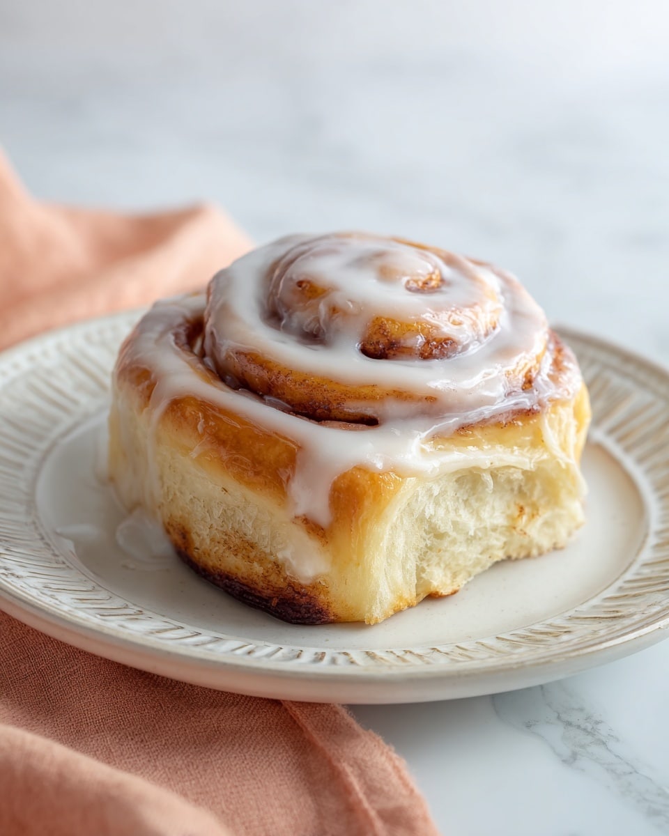The image shows a single cinnamon roll placed on a white plate with a textured rim. The cinnamon roll has several thick, soft layers spiraled tightly, showing a light golden-brown dough with a slightly fluffy texture. The top and sides are covered with a shiny, smooth white glaze that drips slowly down the side, adding a glossy finish. The white plate sits on a surface with a white marbled texture, and in the foreground, there is a hint of a peach-colored cloth. Photo taken with an iphone --ar 4:5 --v 7