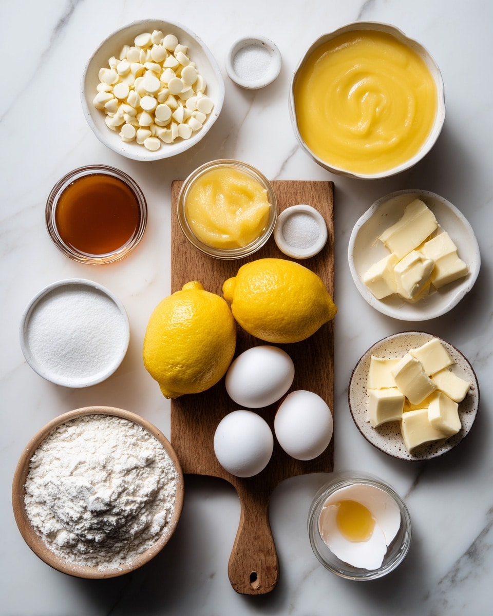 A preparation scene with ingredients neatly arranged on a white marbled surface. At the center, a wooden cutting board holds two bright yellow lemons, one whole and one sliced in half, along with a small glass jar of thick lemon curd and a tiny bowl of pure vanilla extract. Around the board, there are four white eggs, two cracked open showing their glossy yolks in a white dish, a small pile of unsalted butter chunks on a white dish, a bowl of white chocolate baking chips, a bowl of fine powdered sugar, another with granulated sugar, and a larger bowl filled with all-purpose flour. A woman's hand holds the wooden cutting board from the bottom left corner. photo taken with an iphone --ar 4:5 --v 7