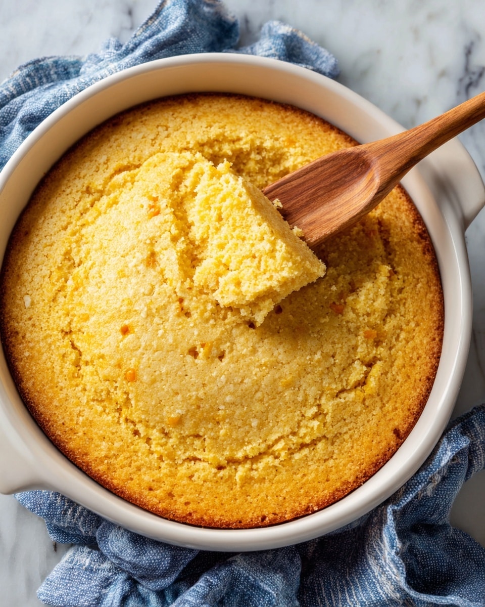 A close view of a white ceramic dish filled with a single layer of soft golden brown cornbread, its surface slightly bumpy and moist-looking, with a wooden spatula pressed in the middle, showing the fluffy texture inside. The dish is set on a white marbled surface with a blue and white cloth partially under it. Photo taken with an iphone --ar 4:5 --v 7