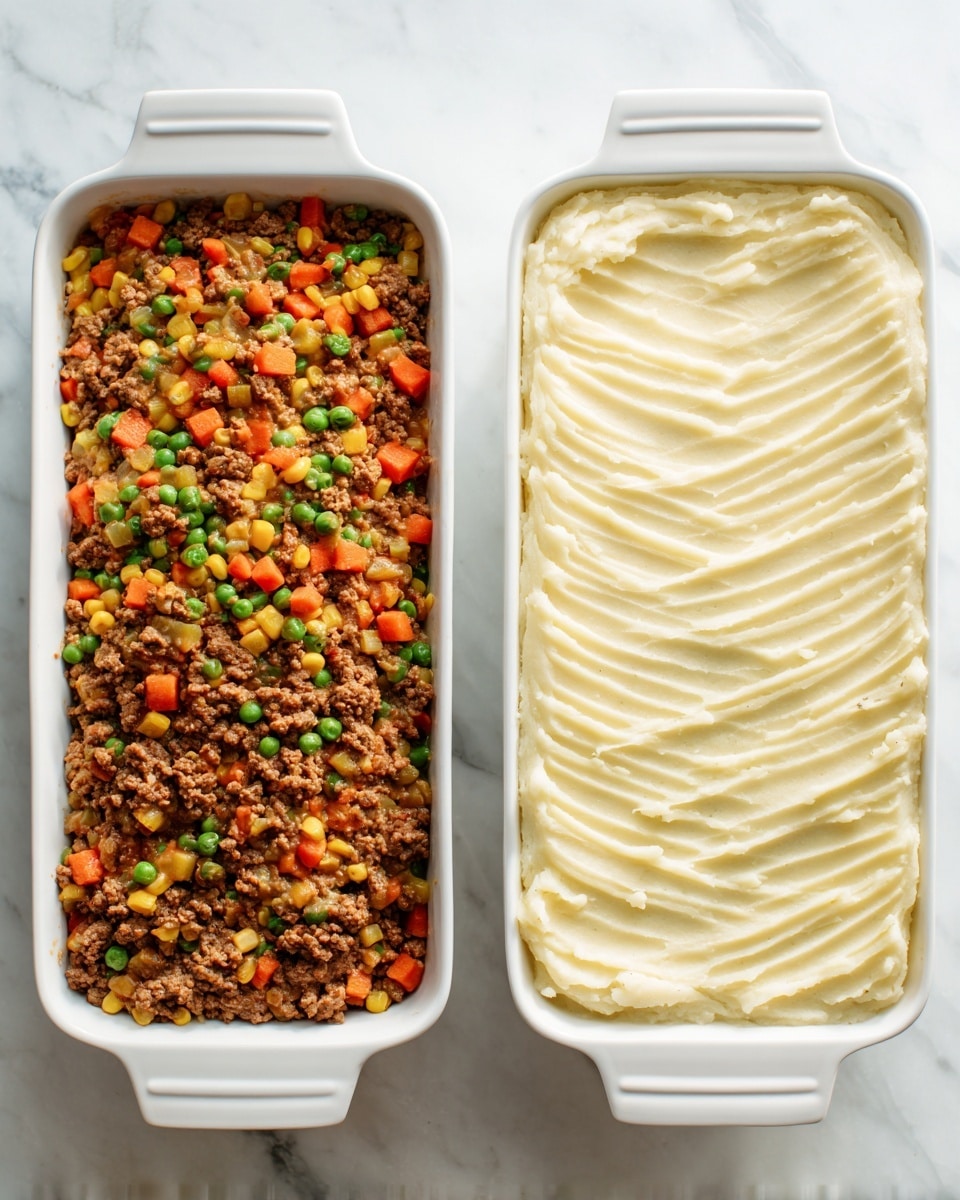 The image shows two white rectangular baking dishes on a white marbled surface. The dish on the left contains a colorful layer of cooked ground meat mixed with diced carrots, green peas, corn, and small pieces of green beans, creating a textured, uneven surface with a mix of brown, orange, green, and yellow colors. The dish on the right has a smooth, thick layer of mashed potatoes spread evenly with a fork pattern on top, making a series of diagonal lines and ridges in pale cream color. photo taken with an iphone --ar 4:5 --v 7