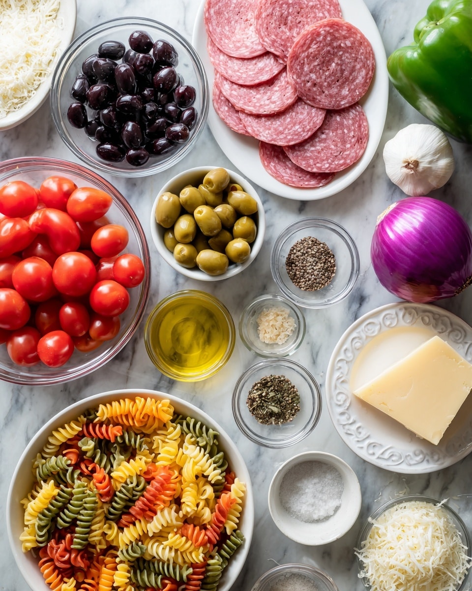 This image shows many different ingredients for a recipe, all placed on a white marbled surface. There are bright red grape tomatoes in a clear bowl, and next to it is a small white bowl of black olives. A slightly larger white bowl holds green olives with red pimentos inside. Slices of pink salami are laid neatly overlapping each other on a white round plate. Near the top right, a rectangular piece of light yellow mozzarella cheese rests on a white decorative plate. A whole green bell pepper and a purple-red whole red onion are shown along with a whole bulb of garlic. Small white bowls contain salt and pepper, mustard seeds, and Dijon mustard, all with different fine textures and colors. Tri-color rotini pasta with orange, green, and pale yellow spirals fills a large white bowl in the bottom left corner. There are also small glass bowls with light yellow olive oil, red wine vinegar, grated parmesan cheese, and white sugar scattered around. The items are spread in an orderly way, making the colorful ingredients stand out clearly with a clean look photo taken with an iphone --ar 4:5 --v 7