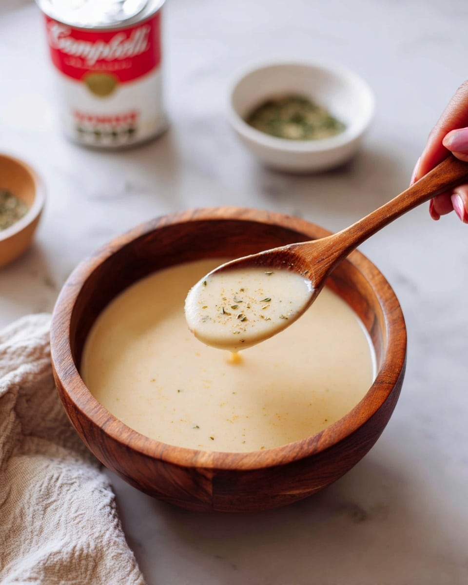 A close-up image of a glass jar filled with light tan sauce that has small green and black specks. The sauce is thick and smooth, visibly flowing from a white bowl held above the jar. The background shows a blurred white marbled surface and part of a red and white can. The jar’s texture is clear with embossed markings on the glass photo taken with an iphone --ar 4:5 --v 7