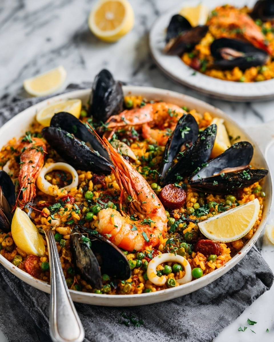 A close-up view of a large white bowl filled with layered seafood paella. The base layer is golden yellow rice mixed with small pieces of red bell pepper and green peas. Scattered on top are whole prawns with orange shells, white squid rings, dark black mussels, and slices of browned sausage. Bright yellow lemon wedges rest on the edges and inside the bowl, adding color contrast. Green parsley is sprinkled over everything, adding fresh touches. The bowl sits on a white marbled surface with a grey cloth nearby. Photo taken with an iphone --ar 4:5 --v 7