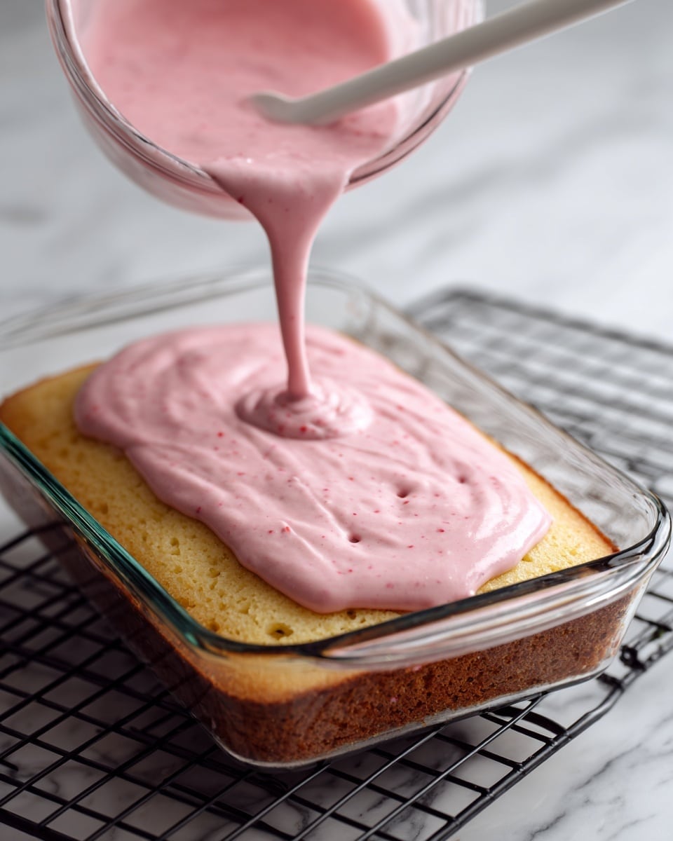 The image shows a rectangular clear glass baking dish on a black cooling rack over a white marbled surface. Inside the dish, there is a golden-brown cake layer with small holes evenly spaced across the surface. A thick pink sauce, smooth with tiny red specks, is being poured in a slow stream onto the cake from a clear glass bowl above in the left frame, creating a small swirl on the cake. In the right frame, the pink sauce has been spread evenly across the cake with a white spatula, covering the whole top layer in a glossy, creamy texture. The bright pink sauce contrasts with the golden cake and the clear dish, creating a fresh and sweet appearance. Photo taken with an iphone --ar 4:5 --v 7