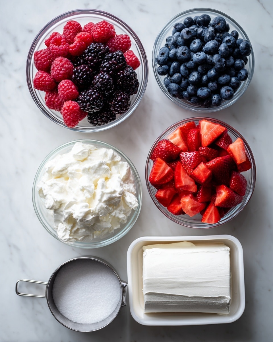 A top view of multiple small clear glass bowls and a white container set on a white marbled surface, containing fresh fruits and dairy ingredients for a dessert. One bowl has bright red raspberries mixed with blackberries showing a rich texture and varying sizes. Another bowl is filled with dark blue blueberries, smooth and round. A third bowl holds fresh diced strawberries that are red and juicy, cut into small pieces. In the center is a white container filled with smooth, creamy white cottage cheese. Next to it is a metallic measuring cup filled with fine white sugar. Also visible is a partially unwrapped silver foil tube of cream cheese with a smooth white paste showing. The arrangement is simple and neat, capturing fresh ingredients in natural light photo taken with an iphone --ar 4:5 --v 7