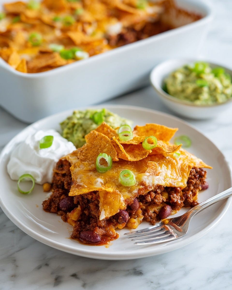 A white plate shows a layered dish with a base of cooked, reddish-brown beans mixed with ground meat and soft melted cheese. On top, there are golden, crispy corn chip strips scattered unevenly. The dish is garnished with small green onion slices, and on the side of the plate, there are dollops of light green guacamole and white sour cream, each topped with green onion slices. A silver fork rests on the edge of the plate, and in the background, a white rectangular baking dish holds the same layered dish with the corn chips spread across the top. The whole scene is set on a white marbled surface. photo taken with an iphone --ar 4:5 --v 7