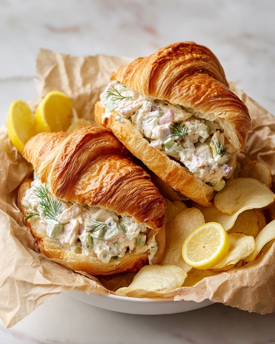 The image shows a sandwich with two layers of flaky, golden-brown croissant bread, split open to reveal a creamy filling made of white and light pink pieces mixed with green dill herbs. The filling looks soft and mixed with a white sauce. The sandwich sits on crumpled brown parchment paper inside a white bowl. Around the sandwich, there are light yellow potato chips with a crisp texture, and two lemon wedges with bright yellow skin and juicy pale yellow insides. The whole setup is on a white marbled surface. Photo taken with an iphone --ar 4:5 --v 7
