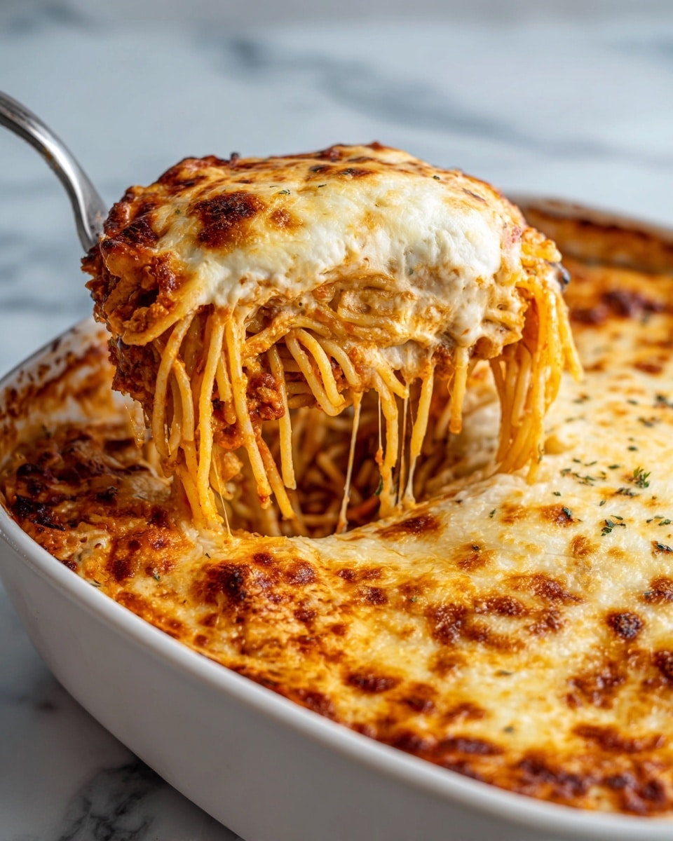 A close-up of a baked spaghetti casserole being lifted out of a white dish with a metal spatula. The casserole has two visible layers: the bottom layer is cooked spaghetti noodles mixed with a light tomato sauce, visible as orange and beige strands, and the top layer is melted, golden-brown cheese that stretches slightly as the piece is lifted. The edges of the casserole show some browned, crispy noodles. The background is a white marbled surface. Photo taken with an iphone --ar 4:5 --v 7