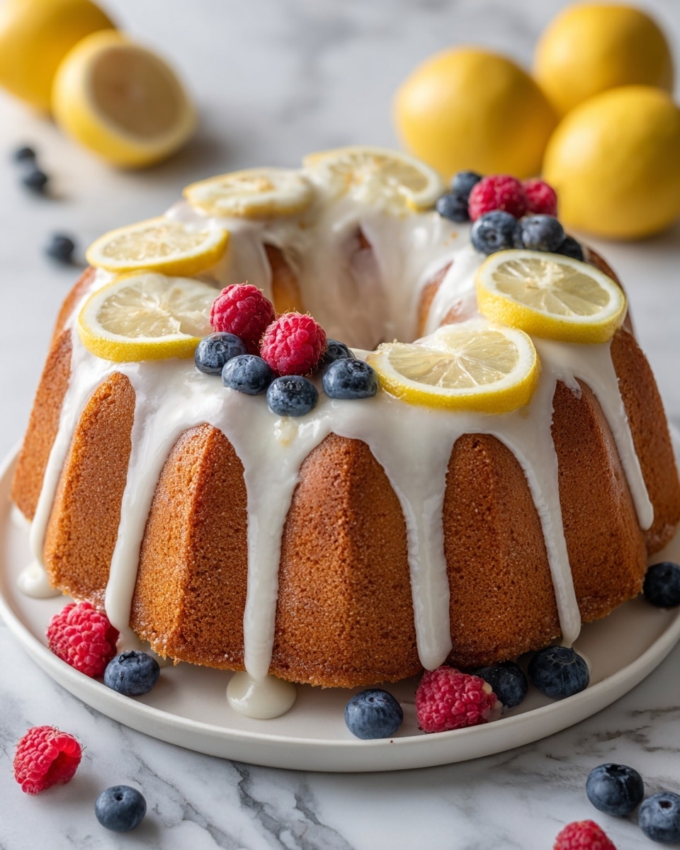 A round bundt cake with a light brown color is covered with white icing that drips down the sides in thick layers. The cake sits on a white plate, with thin lemon slices, blueberries, and raspberries placed around the base and in the hole at the center of the cake. The surface underneath is a white marbled texture. Scattered near the cake are whole lemons, blueberries, and a raspberry. Photo taken with an iphone --ar 4:5 --v 7