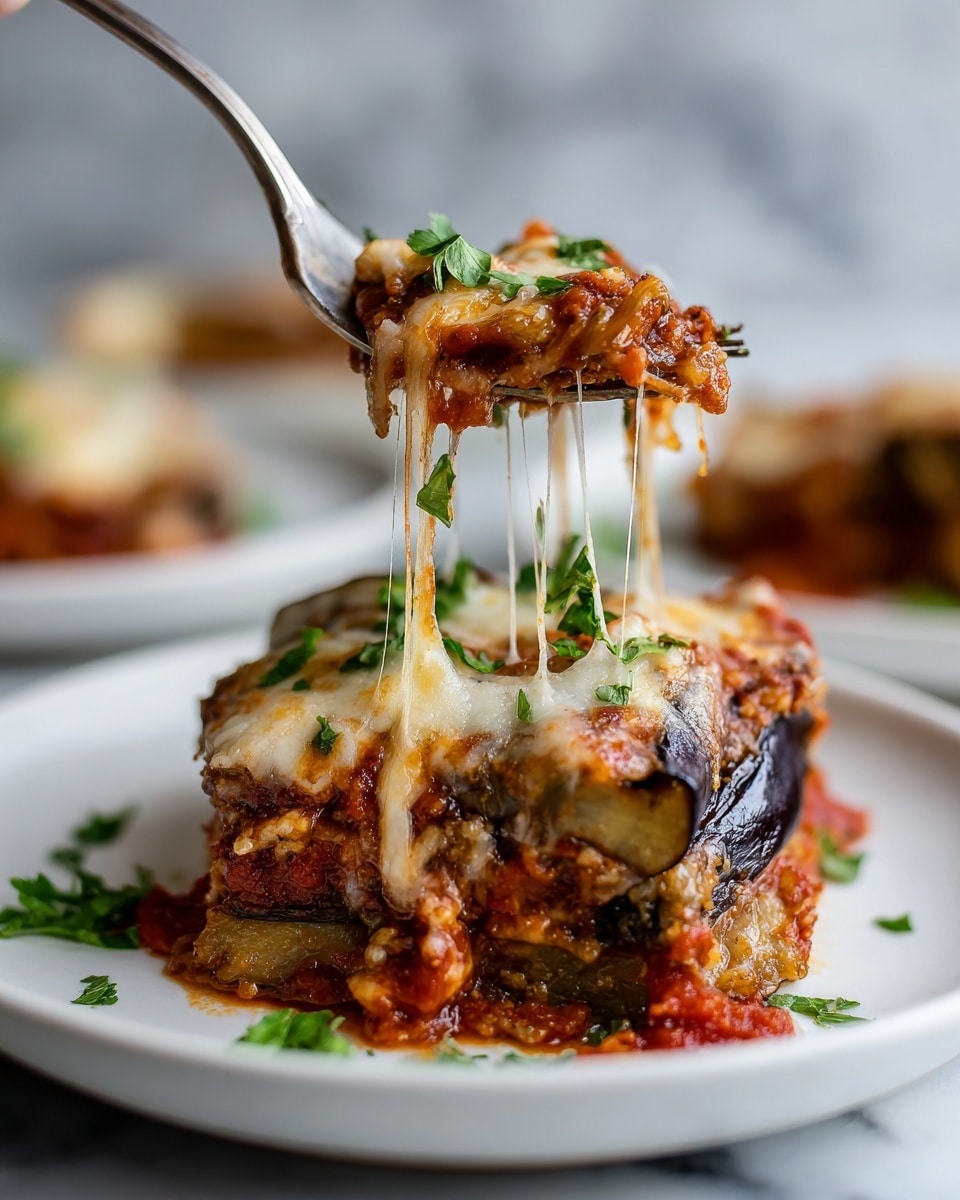 A close-up of a fork holding a scoop of layered eggplant parmesan with visible melted cheese strings stretching down. The dish has three main layers: the bottom layer is dark purple eggplant slices, the middle layer is thick red tomato sauce mixed with bits of green herbs, and the top layer is golden melted cheese with fresh green parsley pieces on top. The fork is above a white plate filled with more of the same dish, showing layers of tomato sauce, eggplant, and cheese. Some green garnish is seen blurred on the side, all placed on a white marbled surface. Photo taken with an iphone --ar 4:5 --v 7