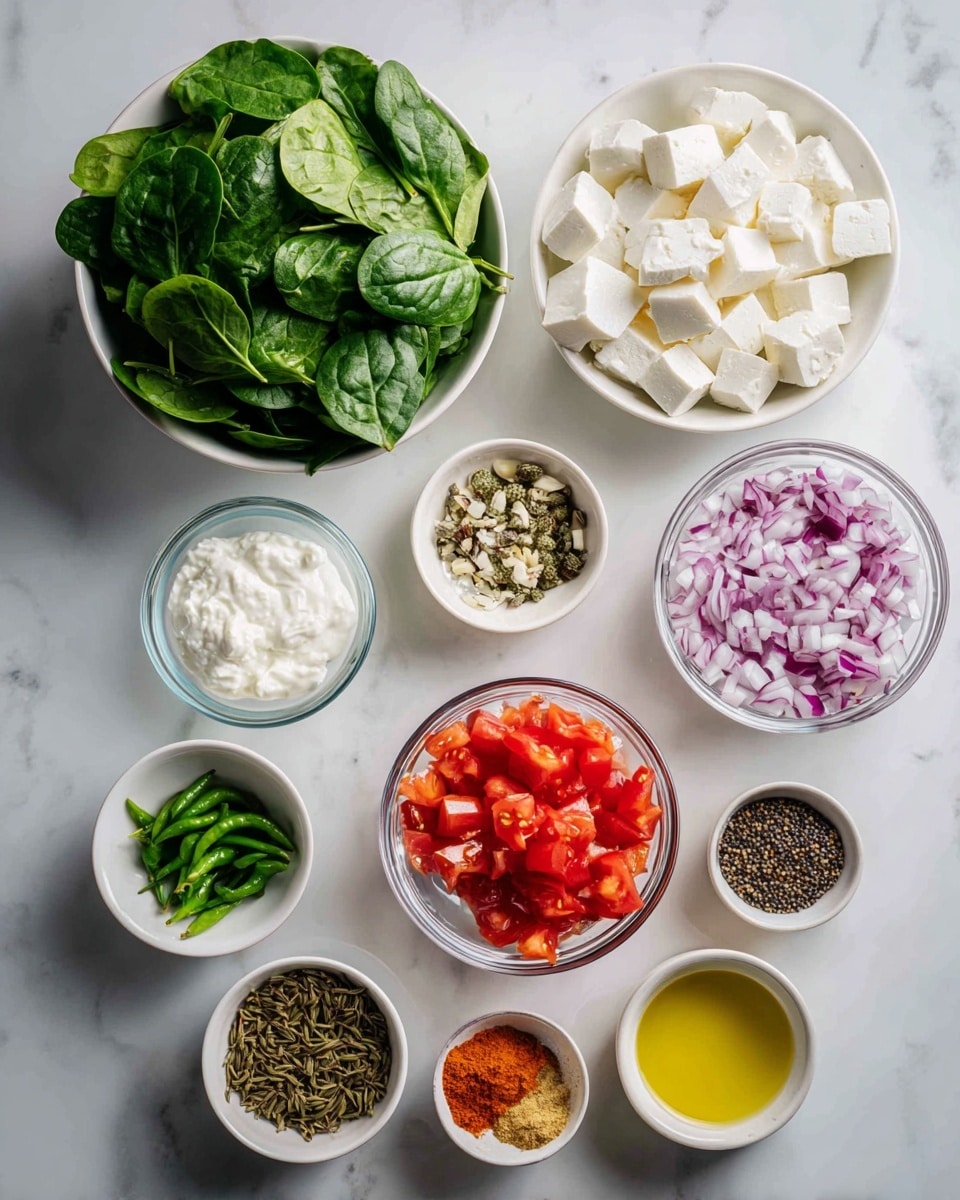 The image shows various ingredients for cooking, all arranged on a white marbled surface, each in clear or small white bowls. At the top left, there is a full bowl of fresh green spinach leaves piled high, with a clear bowl of white paneer cubes soaked in water next to it on the right. Below the spinach, there is a clear bowl filled with small red diced tomatoes and next to it, a clear bowl with chopped red onions. Small white bowls contain different items: one with minced garlic and ginger, one with white sour cream, a duo of small green chilies in a white bowl, and a small bowl with salt. There is also a white bowl holding groups of dry fenugreek leaves and brown cumin seeds, alongside another white bowl filled with colorful ground spices including orange, red, and brown hues, and a small bowl full of oil placed at the bottom right. All the bowls are spread evenly across the white marbled surface, creating a neat and colorful display. Photo taken with an iphone --ar 4:5 --v 7