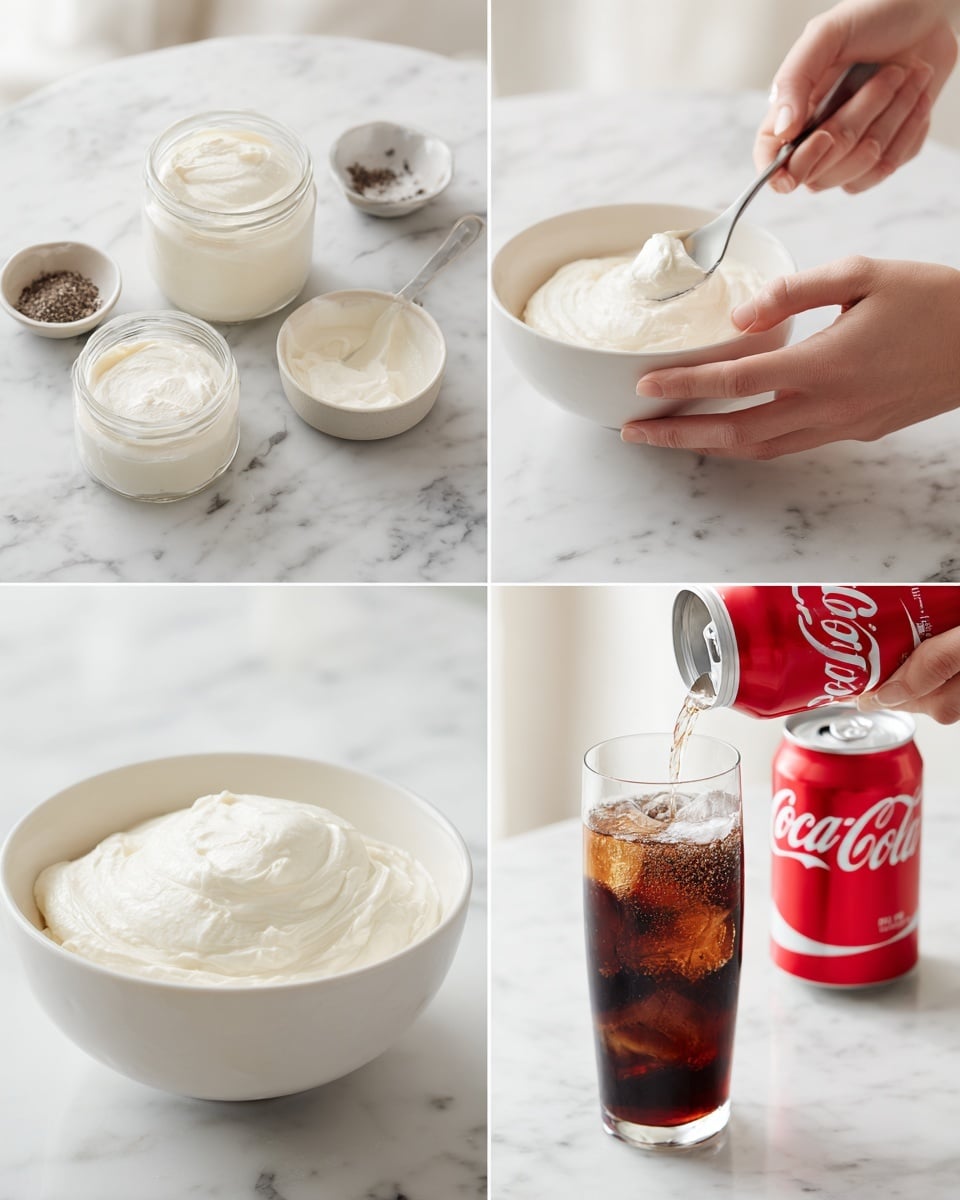 The image shows four steps of making a creamy drink. The top left has a white marble surface with a white jar of cream, a spoon with cream held by a woman's hand, a small bowl with a dark powder, and a white bowl near a can of Coca-Cola. The top right zooms on a woman's hand stirring thick, smooth white cream in a white bowl on the white marble surface. The bottom left shows a white bowl filled fully with thick white cream, smooth on top. The bottom right shows a hand pouring Coca-Cola from a red can into a tall, clear glass filled with the cream, creating soft bubbles on top. The overall scene is clean and bright with a white marble background. photo taken with an iphone --ar 4:5 --v 7