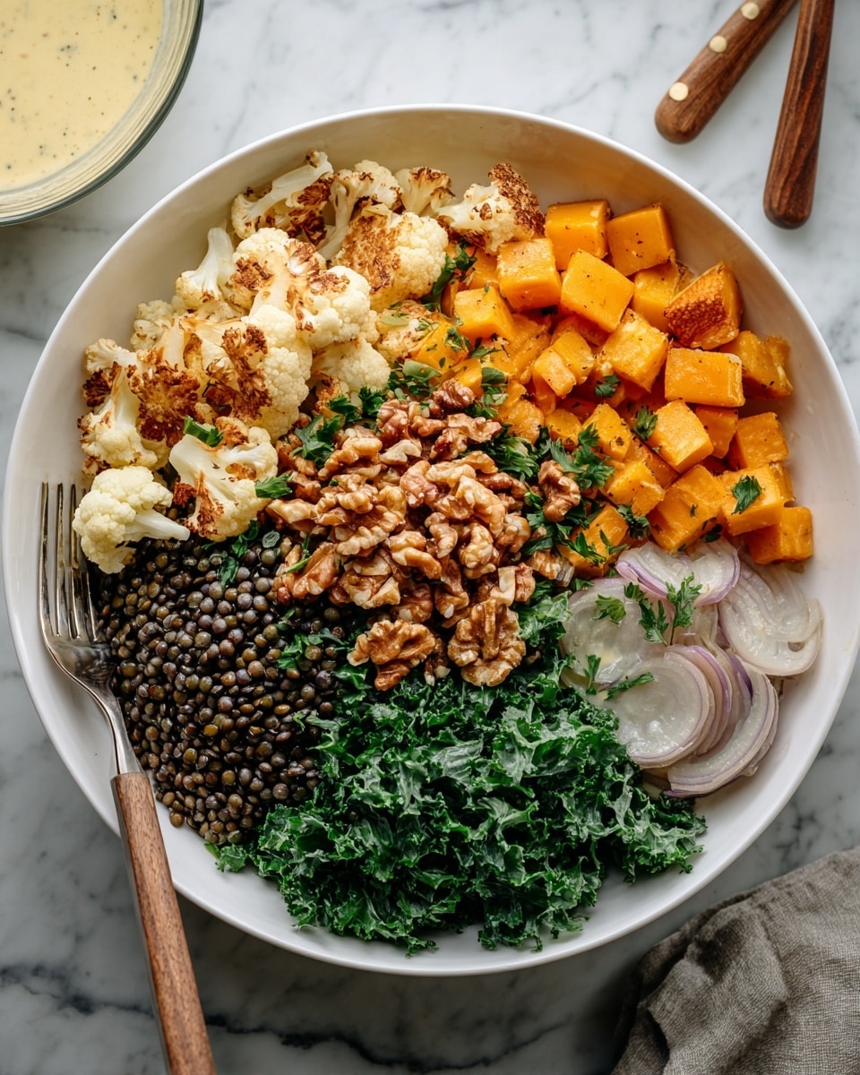 A white bowl filled with six distinct layers arranged side by side. Starting from the top left, there are light brown roasted cauliflower pieces with a slightly crispy texture. Next to it on the right are bright orange cubes of roasted squash with a soft look. Below the squash, there is a layer of tiny black lentils giving a dense, textured appearance. On the bottom right, thin pale purple slices of shallots are placed neatly. In the center bottom, there is a fresh green herb layer with chopped parsley, and to the left of it, leafy dark green kale coated lightly with creamy dressing. Filling the center of the bowl is a pile of light brown, roughly chopped walnuts. The bowl sits on a white marbled surface with a partial view of a glass bowl with creamy sauce and wooden-handled utensils visible. Photo taken with an iphone --ar 4:5 --v 7