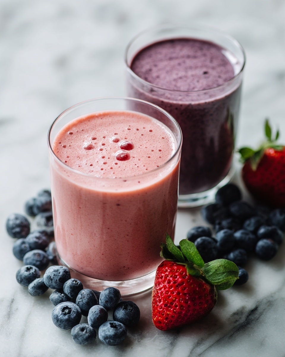 The image shows two clear glasses filled with smoothies, both placed on a white marbled surface. The smoothie in the front glass is pink with a smooth texture and small bubbles on top, while the glass behind it holds a darker purple smoothie. Around the glasses, fresh blueberries and a whole strawberry with green leaves are scattered, adding color contrast. The setting is bright and fresh, with natural light highlighting the creamy smoothie textures. photo taken with an iphone --ar 4:5 --v 7