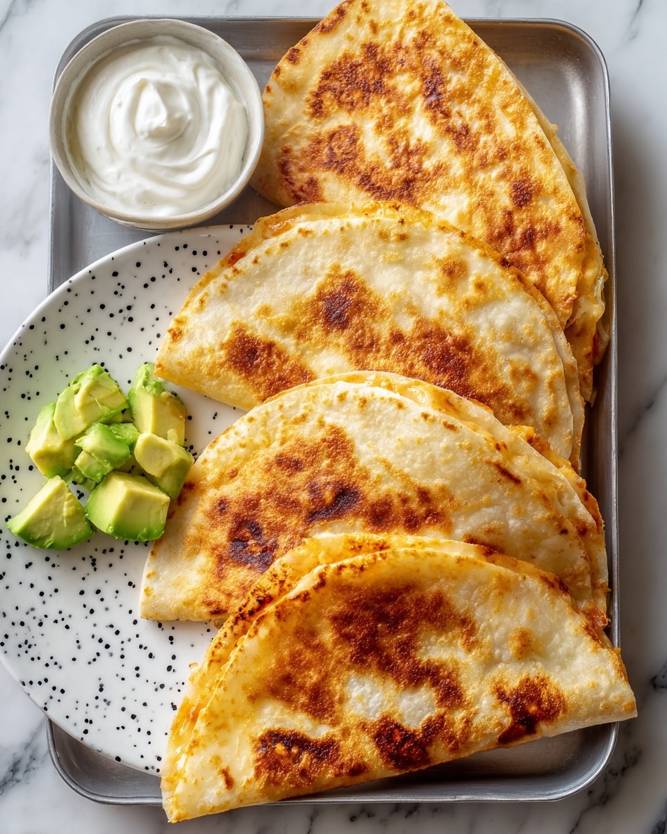 The image shows four golden brown quesadillas with a crispy toasted surface and slightly uneven dark spots, arranged in a neat row on a metal tray against a white marbled background. Below, on a white plate with black polka dots, two halves of another quesadilla are placed side by side, revealing a soft inside with light browning on the edges. To the left of the quesadilla halves, there is a small swirl of white sour cream with a smooth texture and next to it a small stack of sliced avocado pieces, bright green with a soft creamy texture. The photo taken with an iphone --ar 4:5 --v 7
