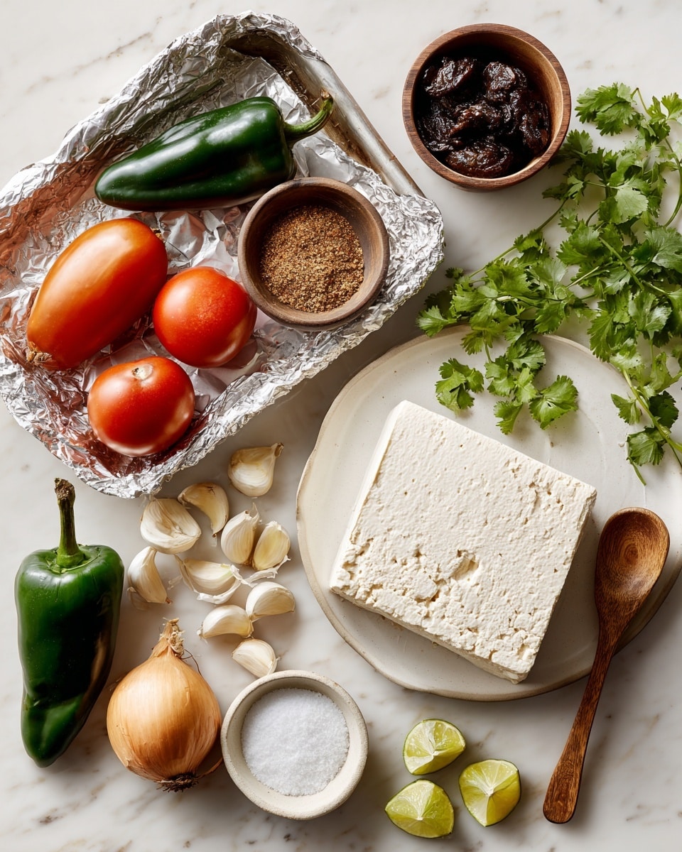 The image shows a collection of fresh and raw ingredients spread on a white marbled surface. On the left bottom, a dark green poblano pepper and two red tomatoes rest on a silver foil-lined baking tray, along with a half white onion with soft brown edges. Above, a small brown bowl holds dark, wrinkled chipotles. To the right, a large block of pale beige tofu sits on a white plate, with a small wooden spoon next to it. Near the center, three cloves of white garlic lie next to a few bright green lime wedges. A white bowl filled with mixed brown spices with a wooden spoon inside is placed next to fresh green cilantro leaves scattered around. Another small white bowl with coarse white salt and one with golden olive oil complete the setting. Photo taken with an iphone --ar 4:5 --v 7