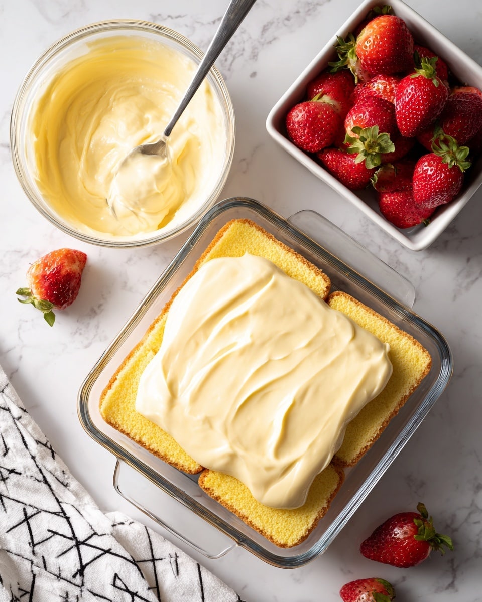 The image shows a glass square dish on a white marbled surface. Inside the dish, there are two layers of yellow ladyfinger biscuits placed flat, filling the bottom. On top of the biscuits, there is a thick layer of smooth, pale yellow cream being spread. To the top left, a clear glass bowl filled with more pale yellow cream has a spoon inside, showing its creamy texture. To the right side, there is a white rectangular bowl full of bright red strawberries with green leaves, and a few strawberries are scattered on the marbled surface nearby. A white cloth with a black geometric pattern is partially visible at the bottom left corner. Photo taken with an iphone --ar 4:5 --v 7