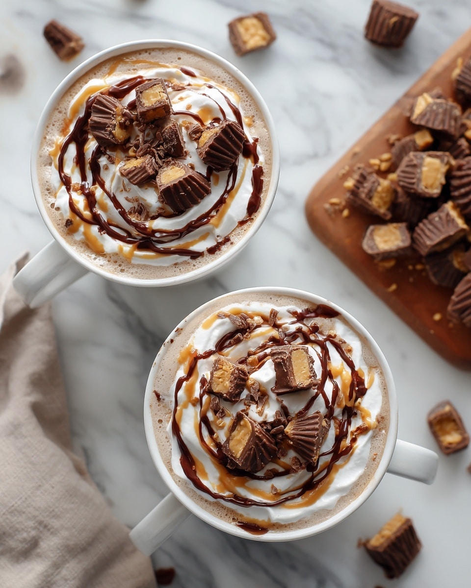 The image shows two drinks in white cups viewed from above, set on a white marbled surface. Each drink has a thick light brown base layer, topped with a generous white whipped cream layer. Over the whipped cream, there are drizzles of dark chocolate sauce and light brown peanut butter sauce in a loose spiral pattern. On top, there are many large, chopped pieces of chocolate peanut butter cups scattered evenly. To the right, a wooden board holds more chopped peanut butter cups pieces, and a woman's hand is partially visible holding one cup. Photo taken with an iphone --ar 4:5 --v 7