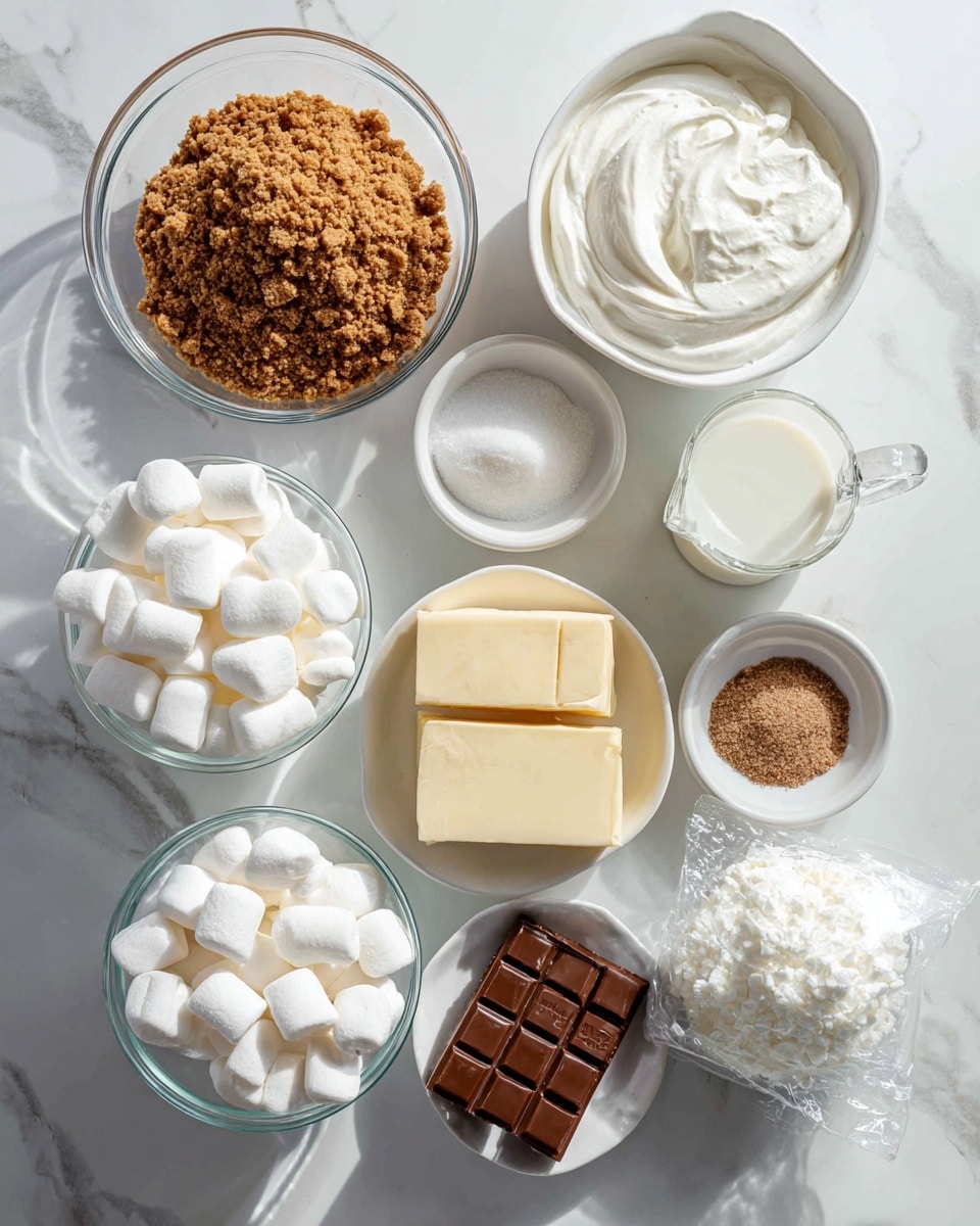 The image shows several clear and white bowls and containers on a white marbled surface, each holding one ingredient labeled clearly. There's a large clear bowl at the top left filled with light brown graham cracker crumbs, a white tub of smooth white whipped topping near the center, and a clear measuring cup with white milk to the right. Smaller white bowls contain chopped milk chocolate pieces, shiny melted yellow butter, and pure white powdered sugar. A box of chocolate instant pudding mix is placed near the bottom right next to a block of cream cheese in plastic wrapping. Near the bottom left, a clear bowl holds many small white marshmallows, and next to it, another clear bowl has fluffy white mallow cream. The arrangement is neat and well spaced on the white marbled surface, with natural light highlighting the textures. Photo taken with an iphone --ar 4:5 --v 7