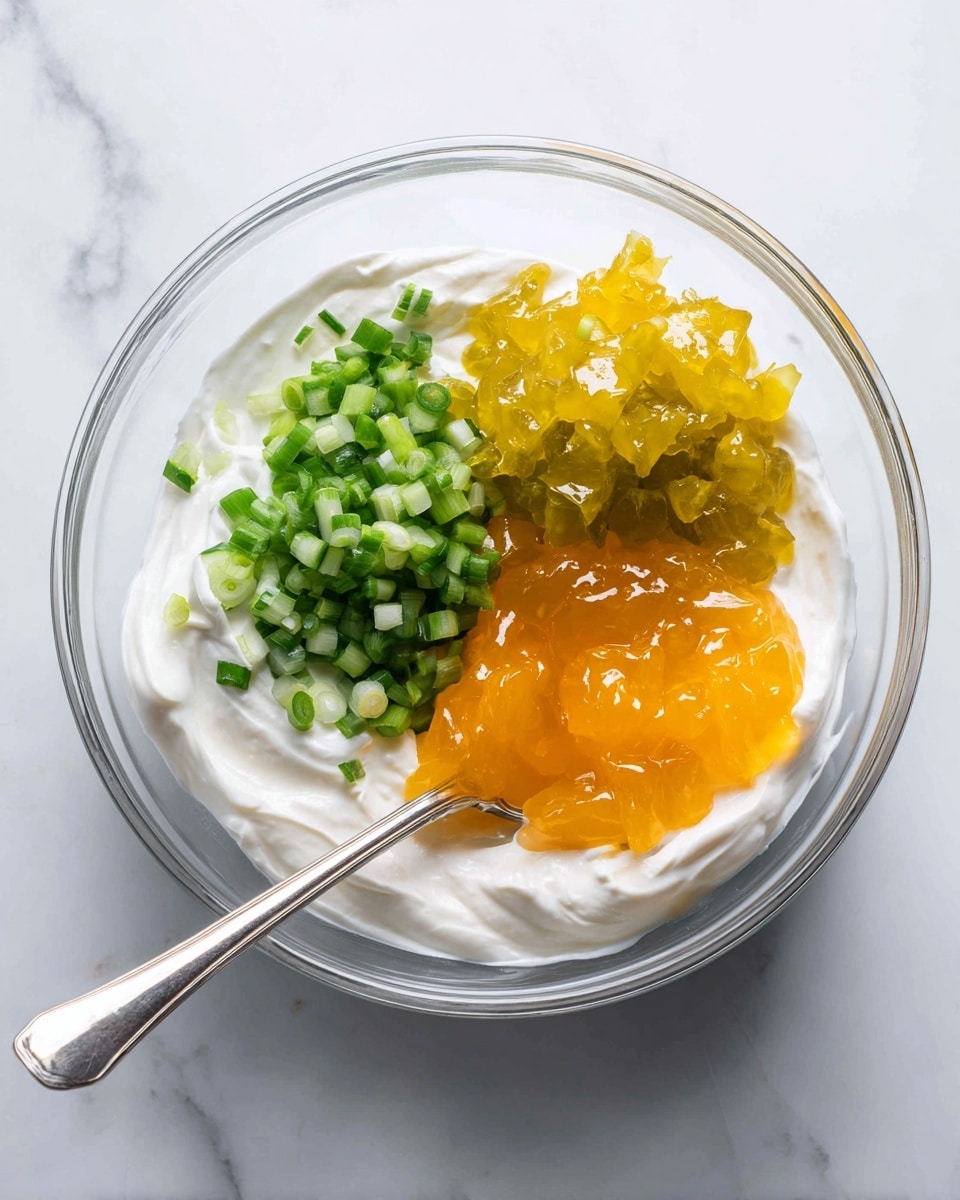 A clear glass bowl holds three separate layers of ingredients: at the bottom is a thick, creamy white base mixed with light orange spices; on the left side rests finely chopped bright green scallions, while on the right side sits a generous pile of dark green chopped pickles and next to it a shiny, amber-colored jelly with a jelly-like texture. A metal spoon with creamy dressing on it is resting inside the bowl on the bottom left. The bowl is on a white marbled surface. Photo taken with an iphone --ar 4:5 --v 7