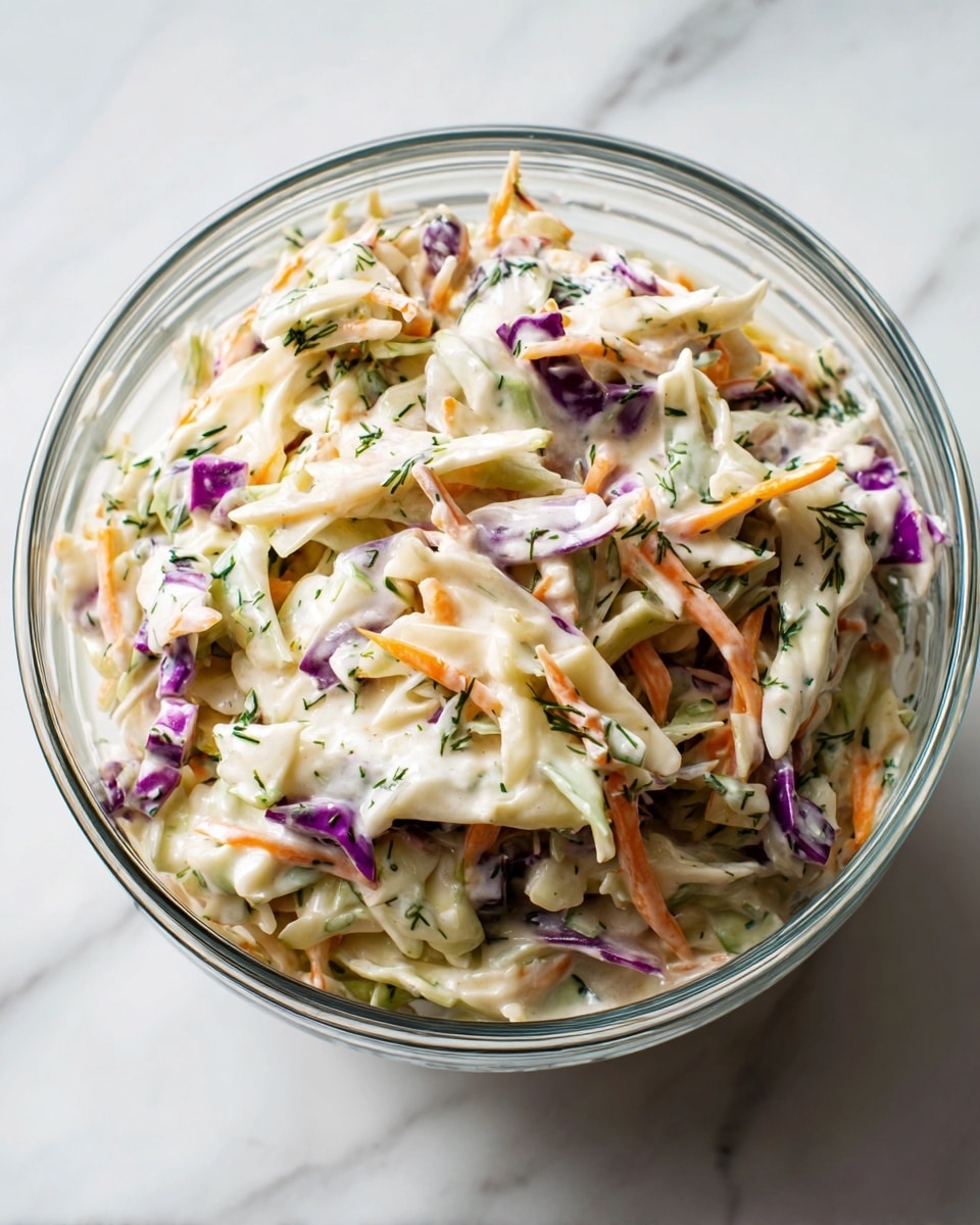 The image shows a clear glass bowl filled with a creamy coleslaw mixture. The dish has visible layers of shredded white cabbage, thin orange carrot strips, light green celery pieces, and some purple cabbage, all mixed together in a creamy white dressing. The salad looks fresh and colorful with a slightly shiny texture from the dressing. The bowl is placed on a white marbled surface. Photo taken with an iphone --ar 4:5 --v 7
