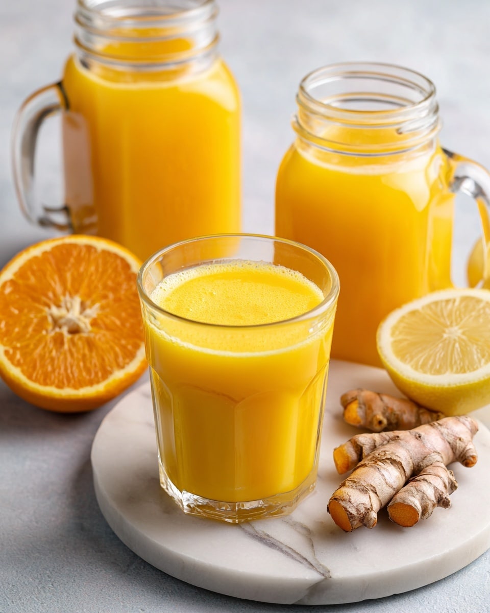 A small clear glass filled with bright yellow-orange juice sits in front on a white marbled round plate. Behind it, there are two clear mason jars with handles, also filled with the same juice. On the left side of the plate, an orange half with visible texture rests, while on the right side, fresh turmeric roots and a lemon half with a light yellow inside are placed. The background is a smooth white marbled texture. photo taken with an iphone --ar 4:5 --v 7