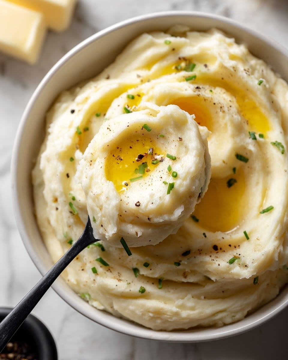 A close-up shows one large scoop of creamy, smooth mashed white potatoes held by a black spoon over a white shallow bowl filled with the mashed potatoes. The potatoes have a soft, fluffy texture with swirls on the surface. There are small pools of melted butter creating shiny, golden yellow spots on the top, along with small green chive pieces scattered lightly and specks of black pepper. The bowl sits on a white marbled surface with blurred butter pieces and a black pepper container in the background. Photo taken with an iphone --ar 4:5 --v 7