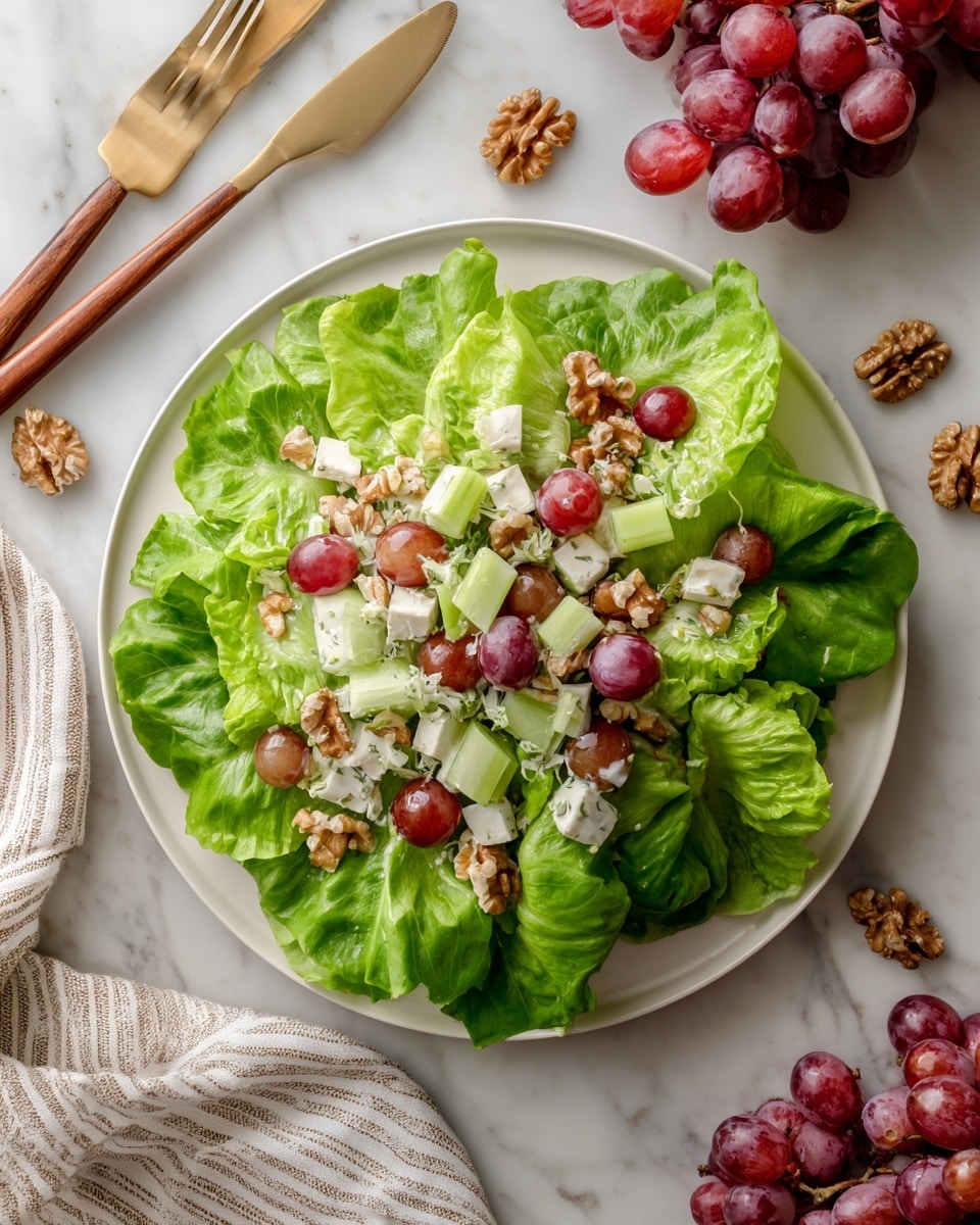 A white plate with green lettuce leaves arranged as the bottom layer creates a leafy base. On top of the lettuce is a mixed salad layer, featuring small red grape slices, white cubed cheese, light green celery pieces, and walnut chunks, all coated lightly in creamy dressing. The plate sits on a white marbled surface, with some walnuts and a bunch of red grapes near the top edge. Two utensils with wooden handles are positioned to the upper left of the plate, and a beige striped cloth is seen at the bottom left corner. Photo taken with an iphone --ar 4:5 --v 7