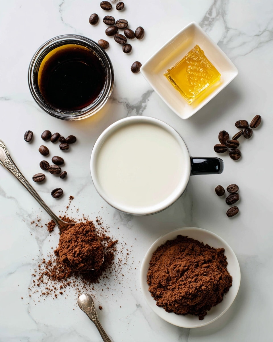 The image shows a top view of several ingredients on a white marbled surface. In the center is a white cup with a black handle filled with white milk. Above it, to the left, there is a glass of dark brewed coffee with scattered coffee beans around it. On the right side, there is a small white square bowl with golden honey inside. Below the honey, a spoon holds dark vanilla extract. At the bottom, a white plate holds a mound of brown cocoa powder. A small pile of cocoa powder is on the marbled surface to the left near a silver spoon. The photo taken with an iphone --ar 4:5 --v 7