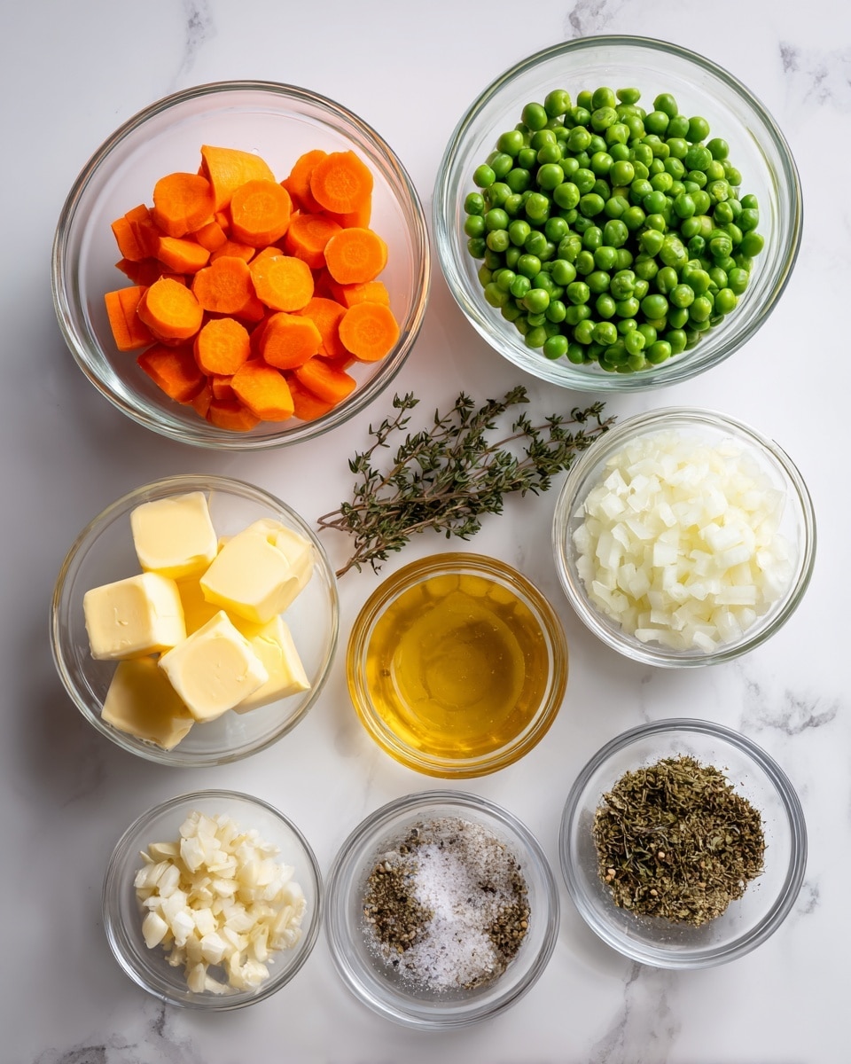 The image shows eight small clear glass bowls arranged on a white marbled surface, each holding a different ingredient. At the top center, a bowl holds bright orange carrot slices, below it to the left is a bowl of green peas with a frosty texture. To the right, a bowl contains finely chopped white onion. Below these, smaller bowls are arranged: the left one with two yellow butter chunks, the center one with golden honey, and the right one is empty. To the bottom left, minced garlic is in one bowl, and to the bottom right, a bowl holds mixed salt, black pepper, and dried thyme showing contrasting light and dark colors. The overall colors are vivid and fresh with a clean, organized look. photo taken with an iphone --ar 4:5 --v 7