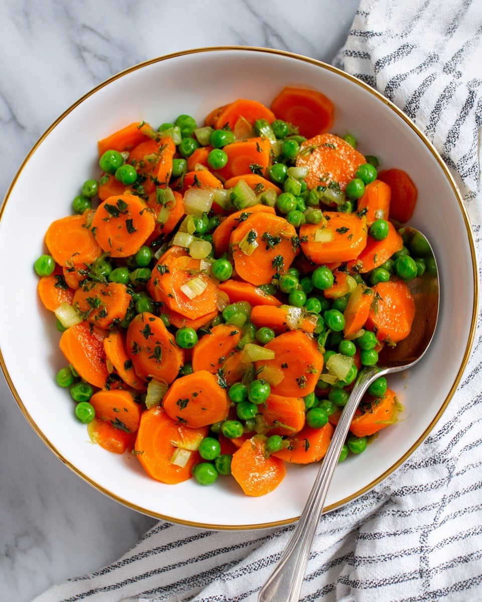 A white bowl with a gold rim holds a mix of cooked sliced orange carrots and bright green peas, combined with small pieces of translucent cooked onions and sprinkled with small black herb flecks. The vegetables fill the bowl fully, creating a colorful and textured look with the soft curves of carrot slices scattered among the round peas. A silver spoon rests on the right side inside the bowl, and a white and gray striped cloth is placed beside the bowl on a white marbled surface. photo taken with an iphone --ar 4:5 --v 7