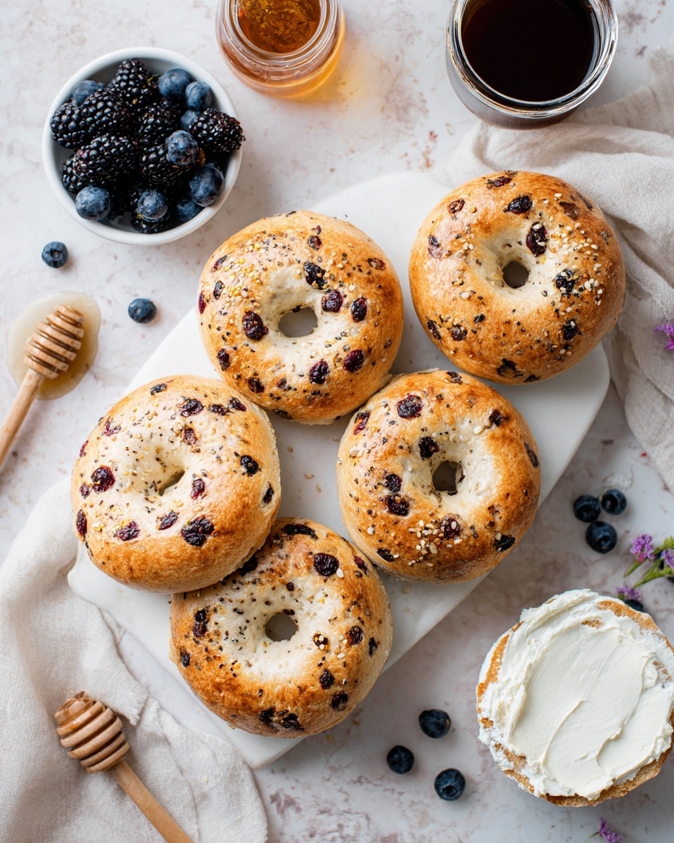 Five golden-brown bagels with visible raisins are arranged with four placed close together on a white marble board and one to the right with a layer of white cream cheese spread on its bottom side. The bagels have a smooth texture with scattered darker spots from the raisins. Around them, there are two small white bowls filled with fresh blueberries and blackberries, one jar of dark syrup, a glass of dark coffee, and a small container of cream cheese. Two wooden honey dippers lie on the left side on a soft white fabric, and a couple of loose blueberries are scattered on the white marbled surface in the background. A knife rests near the bagel with cream cheese. photo taken with an iphone --ar 4:5 --v 7