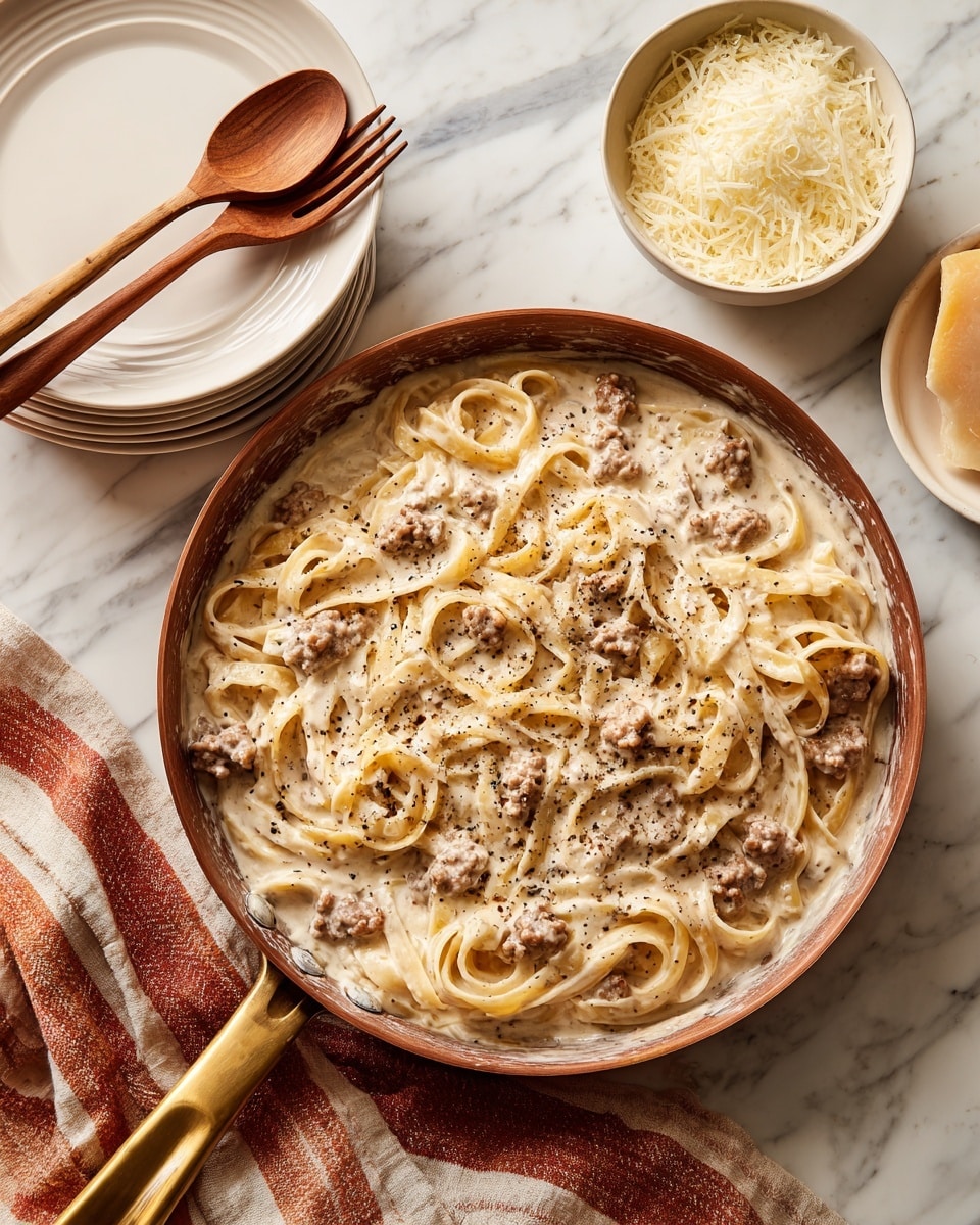 A pan filled with creamy white sauce pasta mixed with small pieces of browned sausage, showing thick fettuccine noodles coated in the sauce with specks of black pepper on top, sitting on a white marbled surface. To the left is a stack of empty white plates, and to the right sits a small white bowl filled with grated cheese placed on a white plate. A wooden spoon and fork rest on a brown, orange, and cream striped cloth near the pan. Photo taken with an iphone --ar 4:5 --v 7