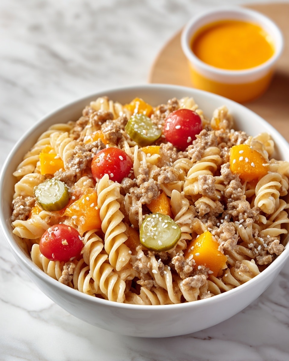 A white bowl filled with creamy pasta salad made of three light beige spiral pasta layers mixed with small pieces of light brown ground meat, orange cheese cubes, halved red cherry tomatoes, and topped with two green pickle slices sprinkled with white sesame seeds. In the background, there is a small cup with orange sauce and a yellow and brown McDonald's box on a white marbled surface. photo taken with an iphone --ar 4:5 --v 7