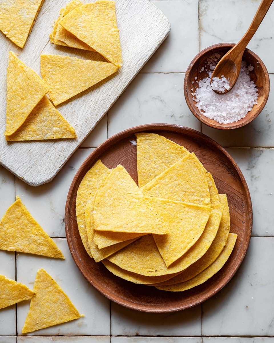 The image shows a brown round plate filled with three different stacks of yellow corn tortillas, each stack cut into four equal triangular pieces, arranged in groups across the plate. To the top left, there is a white wooden board with more triangular pieces of tortilla scattered on it and some loose tortilla pieces on a white marbled surface below. To the right, there is a small brown bowl filled with coarse sea salt, with a wooden spoon resting inside it. The whole scene is set on white tiled surface with a white marbled texture. photo taken with an iphone --ar 4:5 --v 7