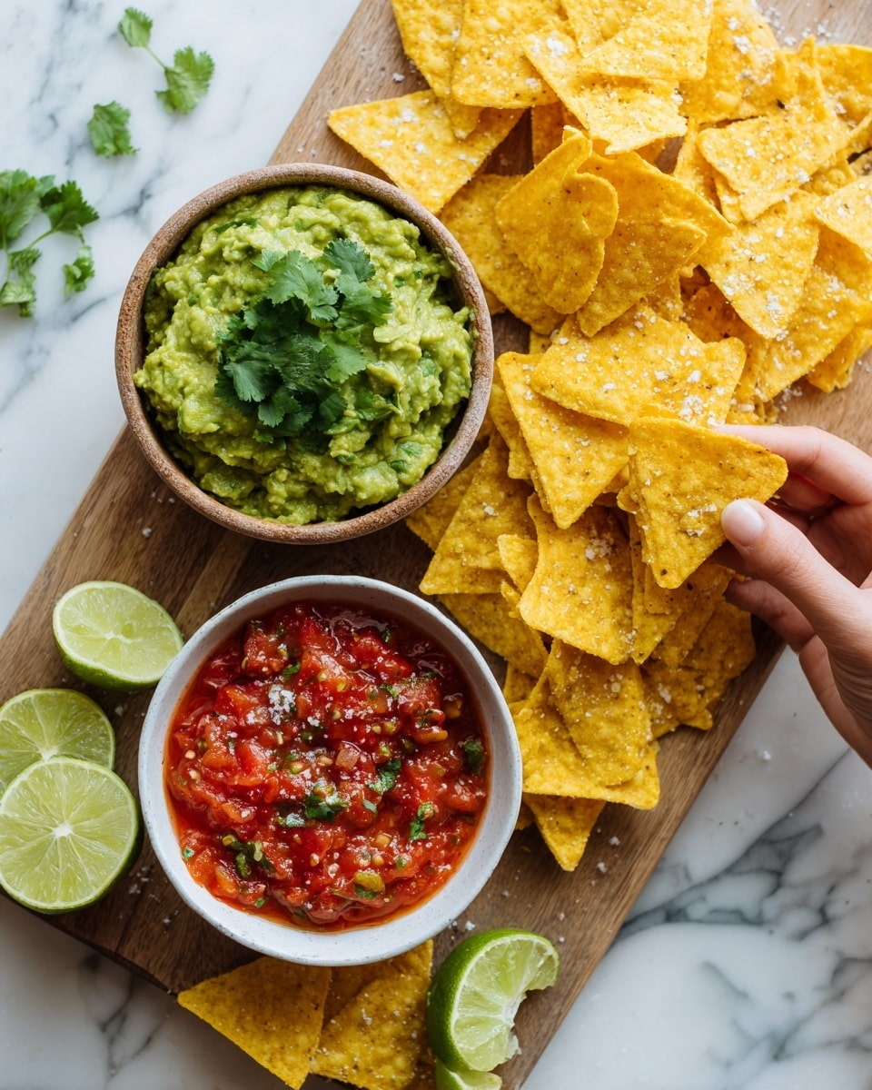 The image shows a wooden board on a white marbled surface with many yellow, crispy tortilla chip triangles spread around. Some chips have salt flakes on top. There is a round bowl filled with green guacamole garnished with fresh cilantro leaves to the top left. At the bottom center, a white bowl holds chunky red salsa with visible pieces of peppers and herbs. A woman's hand is dipping one tortilla chip into the salsa. Several lime wedges are placed near the chips on the right side. The whole scene has a fresh and vibrant look. photo taken with an iphone --ar 4:5 --v 7